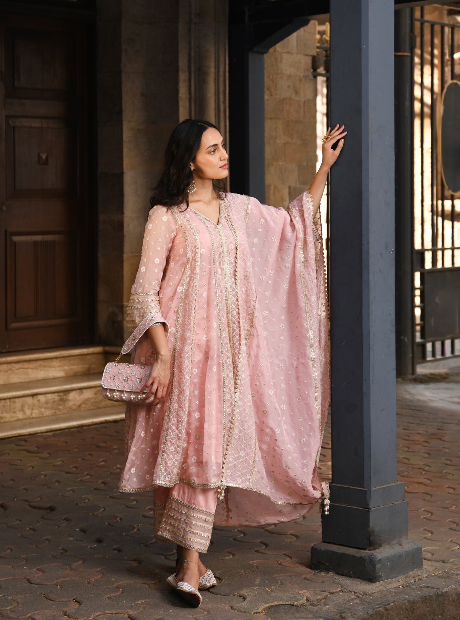 Mulmul Organza Palmer Light Pink Anarkali Kurta With Mulmul Pima Palmer Light Pink Pant