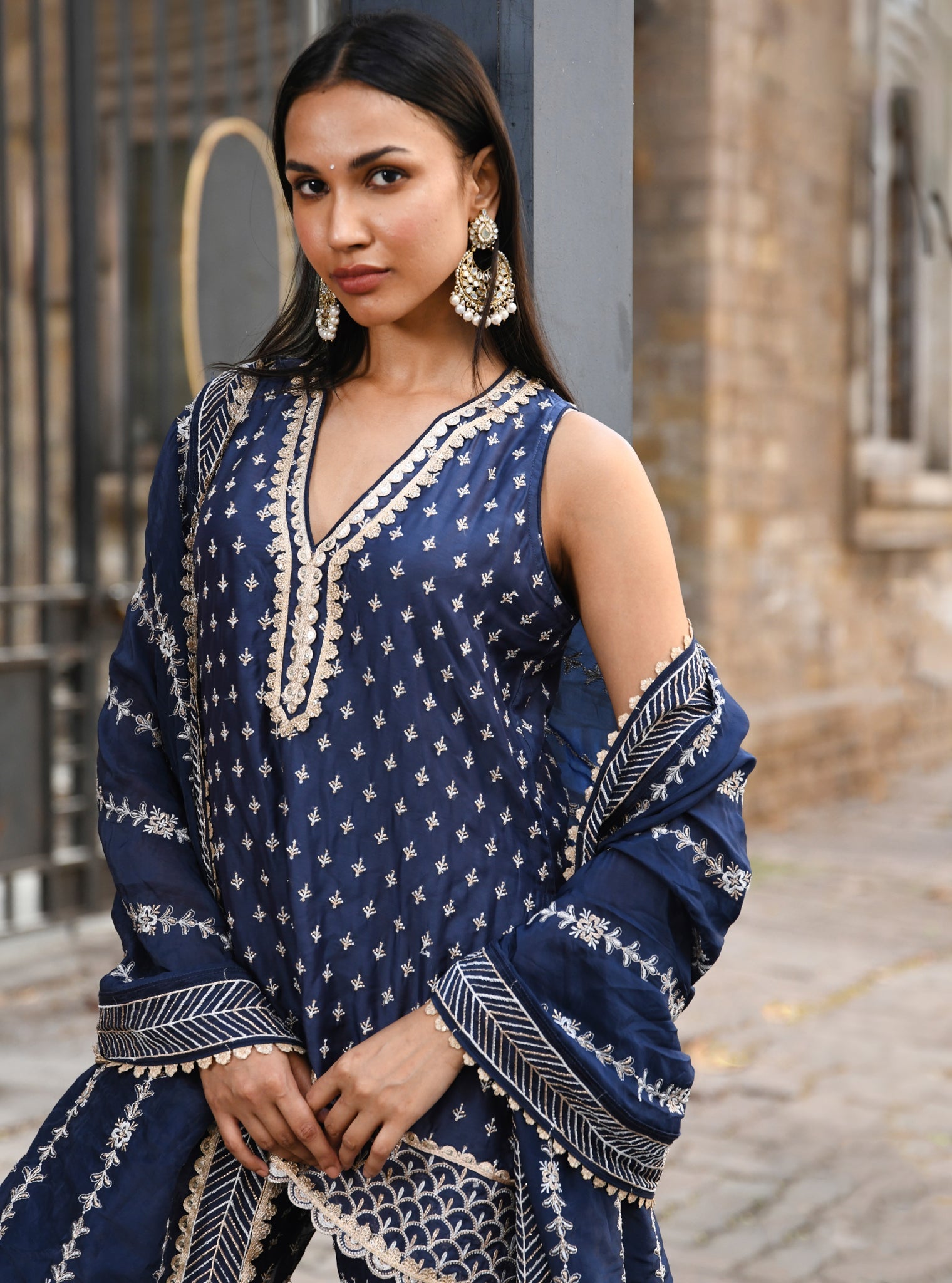 Mulmul Organza Sangli Navy Kurta With Mulmul Organza Sangli Navy Sharara