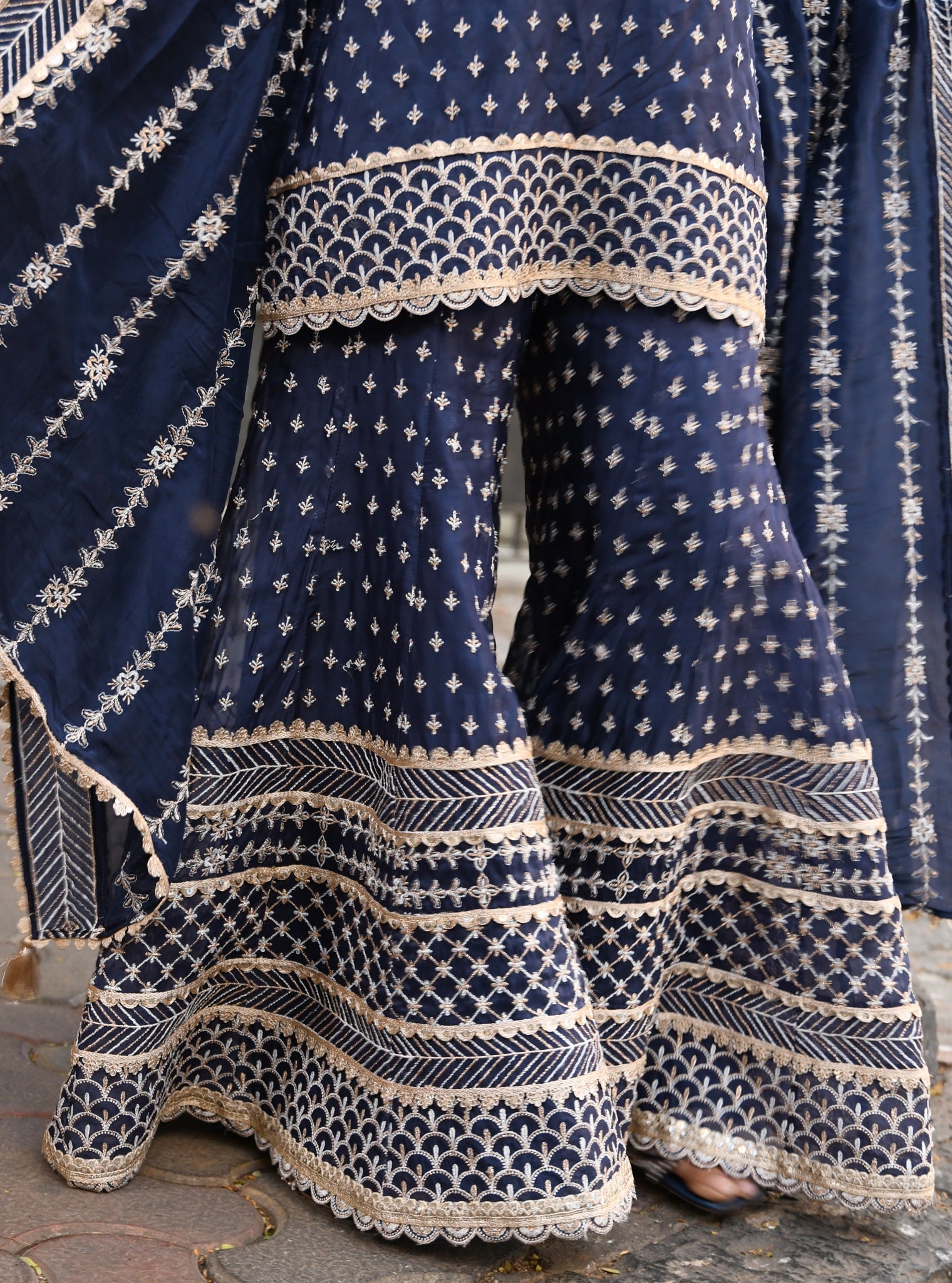 Mulmul Organza Sangli Navy Kurta With Mulmul Organza Sangli Navy Sharara