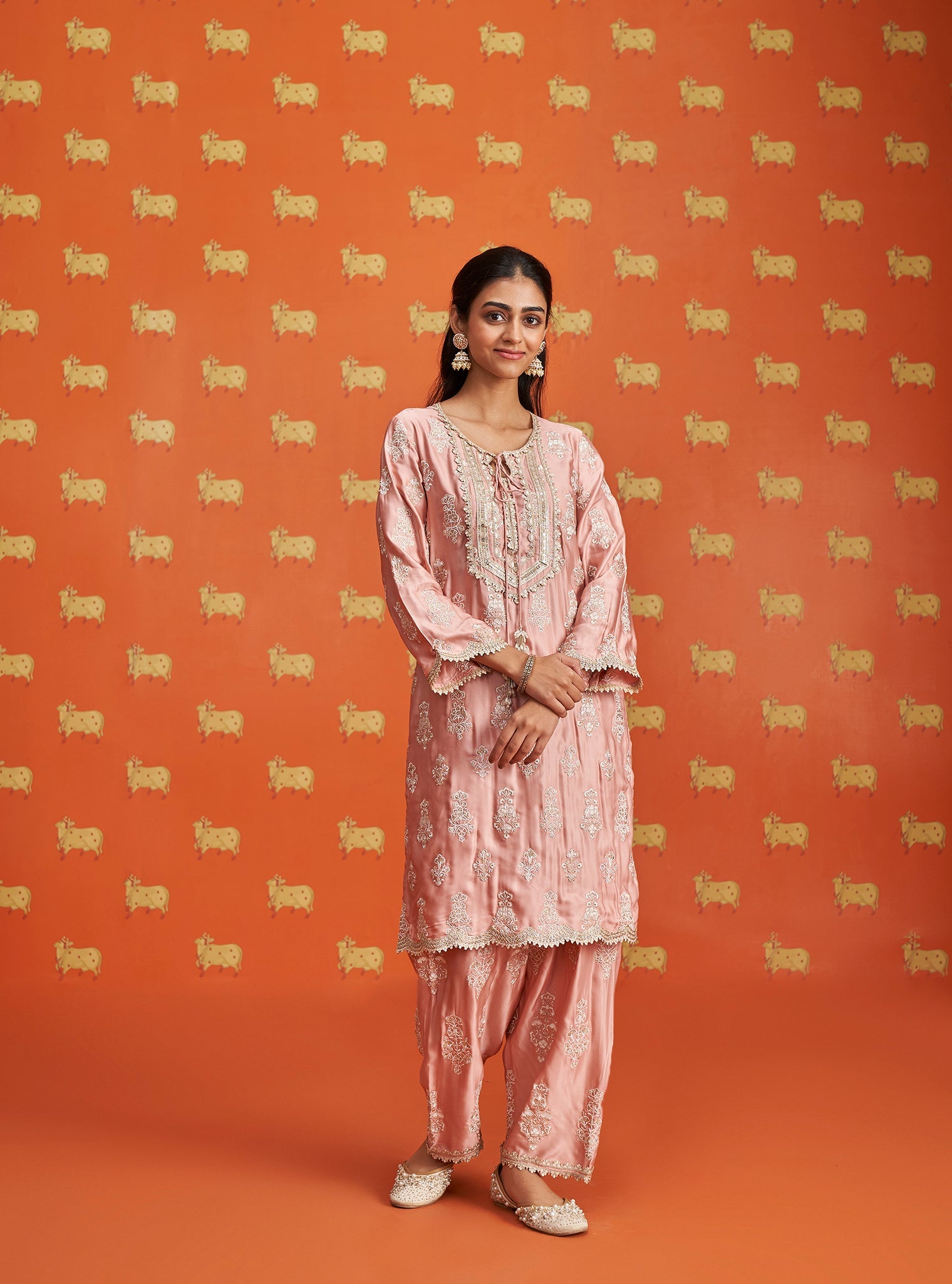 Mulmul Cupro Satin Intira Pink Kurta With Mulmil Cupro Satin Intira Pink Pant