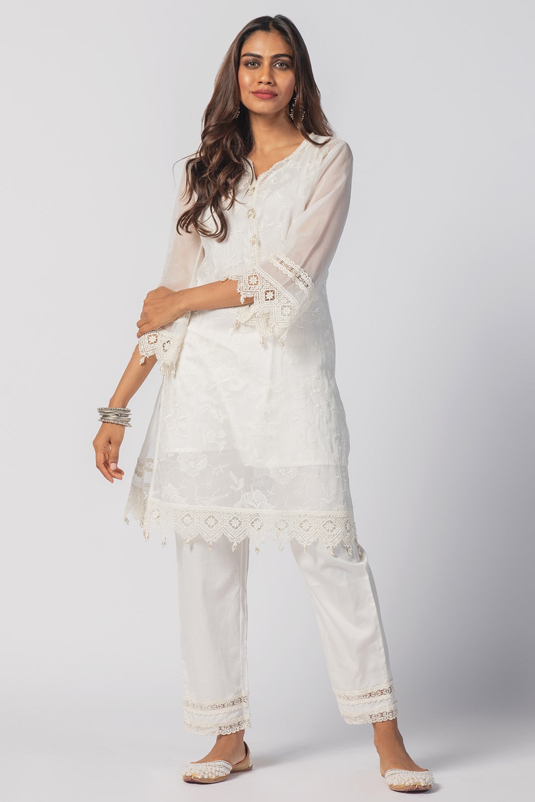 Mulmul Tencel Luxe Organza Maisy Off White Kurta With Pima Cotton Maisy Off White Pant