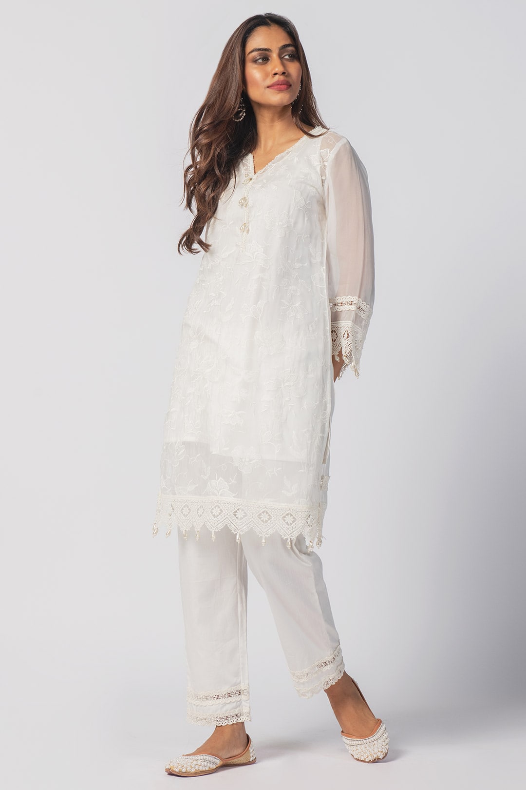 Mulmul Tencel Luxe Organza Maisy Off White Kurta With Pima Cotton Maisy Off White Pant