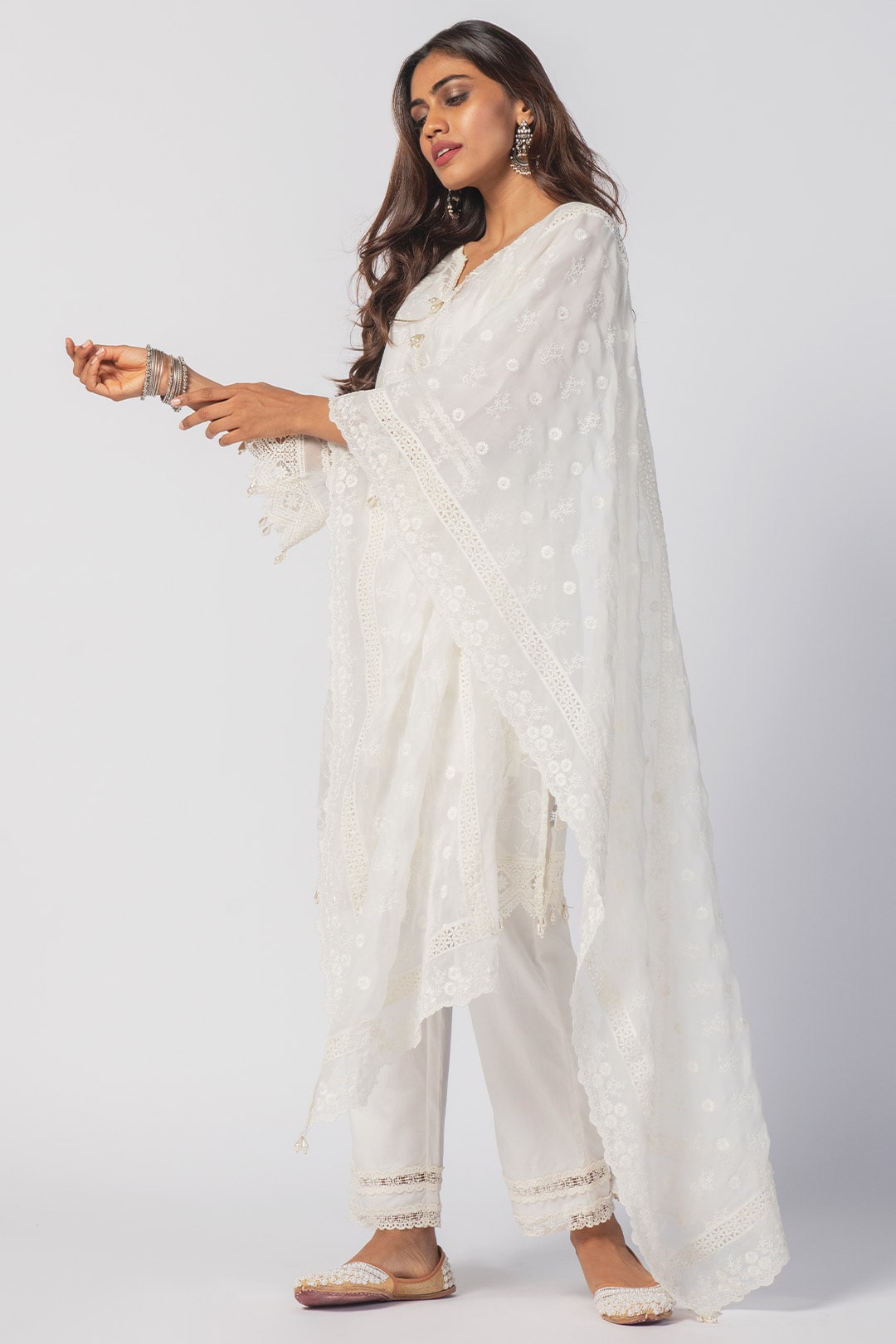 Mulmul Tencel Luxe Organza Maisy Off White Kurta With Pima Cotton Maisy Off White Pant