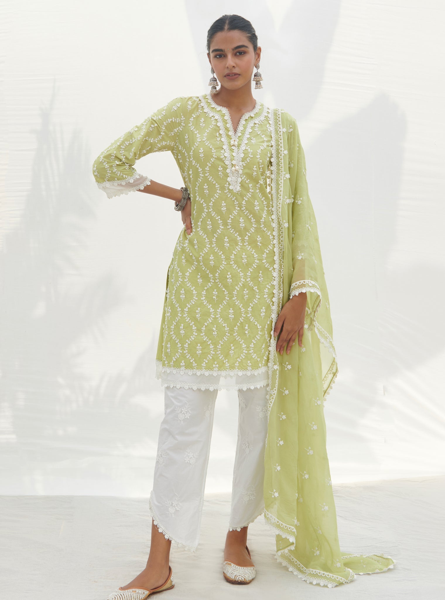 Mulmul Cotton Maneri Lime kurta