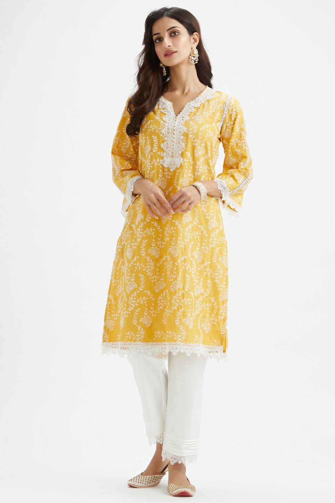 Mulmul Cotton Merlin Yellow Kurta With Thin Pintuck White Pyajama