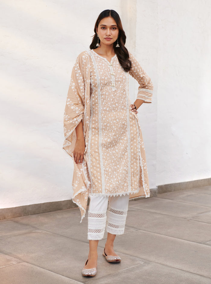 Mulmul Cotton Moira Beige kurta