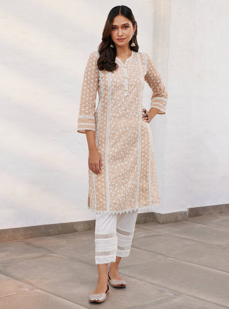 Mulmul Cotton Moira Beige kurta