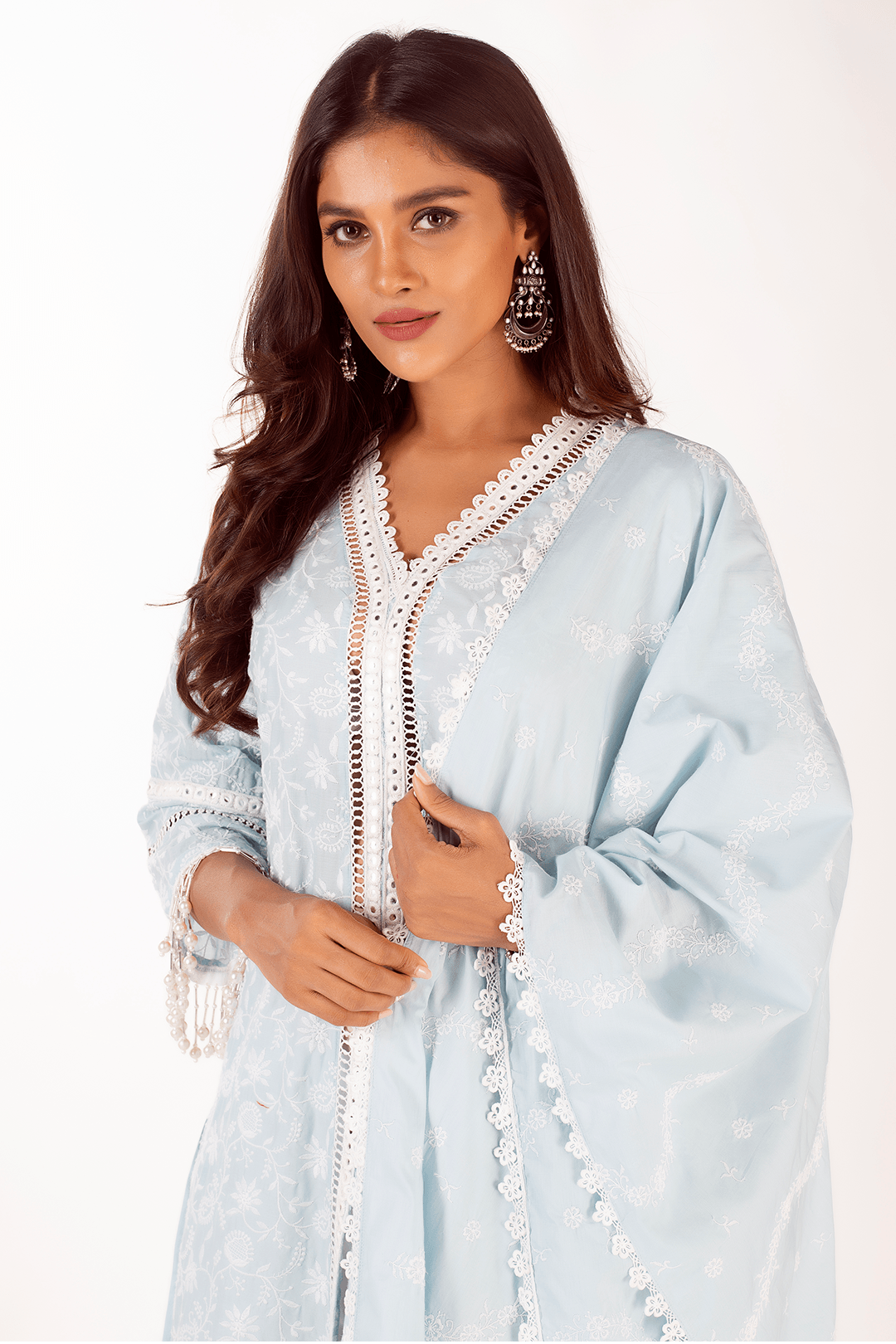 Mulmul Cotton Mollie Light Blue Kurta With Scallop Dhoti White