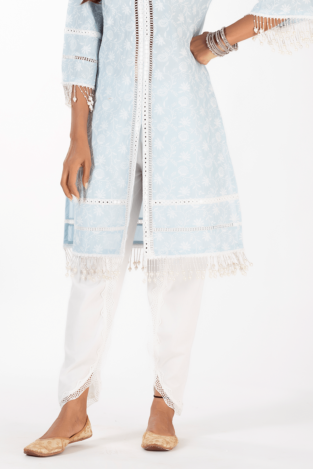 Mulmul Cotton Mollie Light Blue Kurta With Scallop Dhoti White