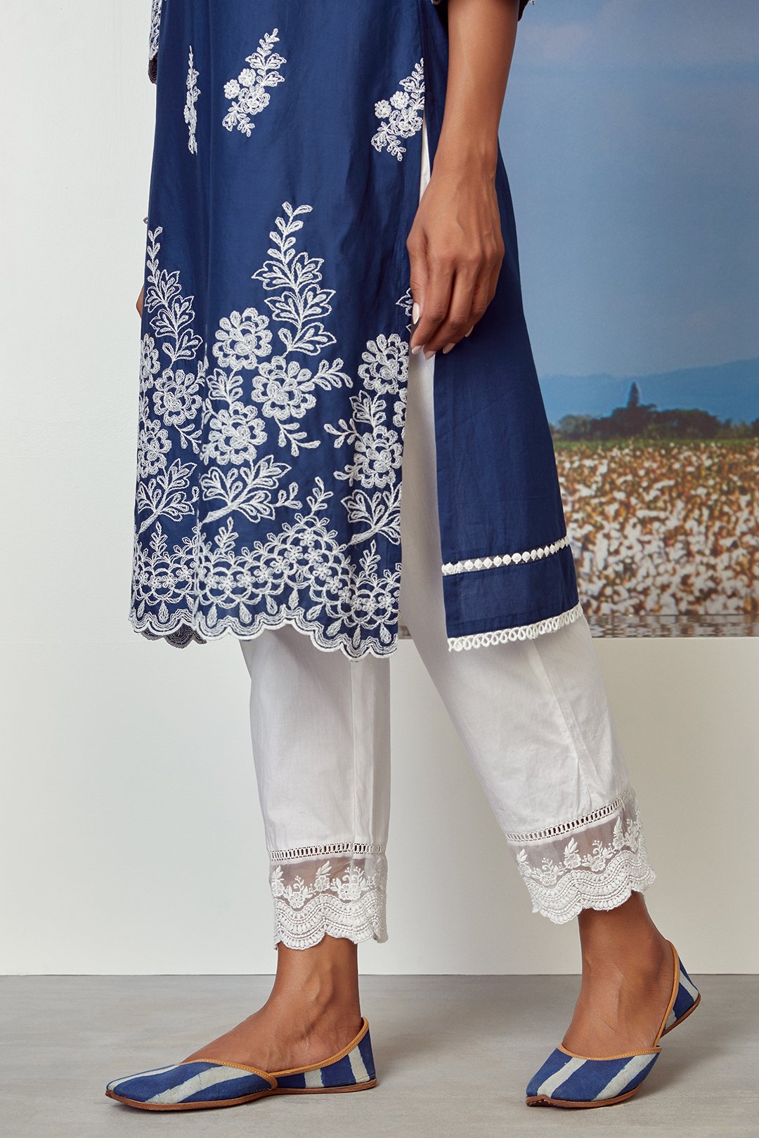 Mulmul Cotton Moon Light Navy Kurta With Floral Organza Pyajama White