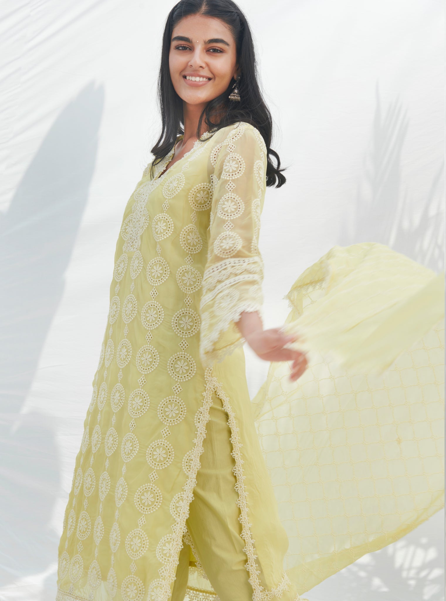 Mulmul Organza Nelli Lime Kurta With Mulmul Cotton Nelli Lime Pant