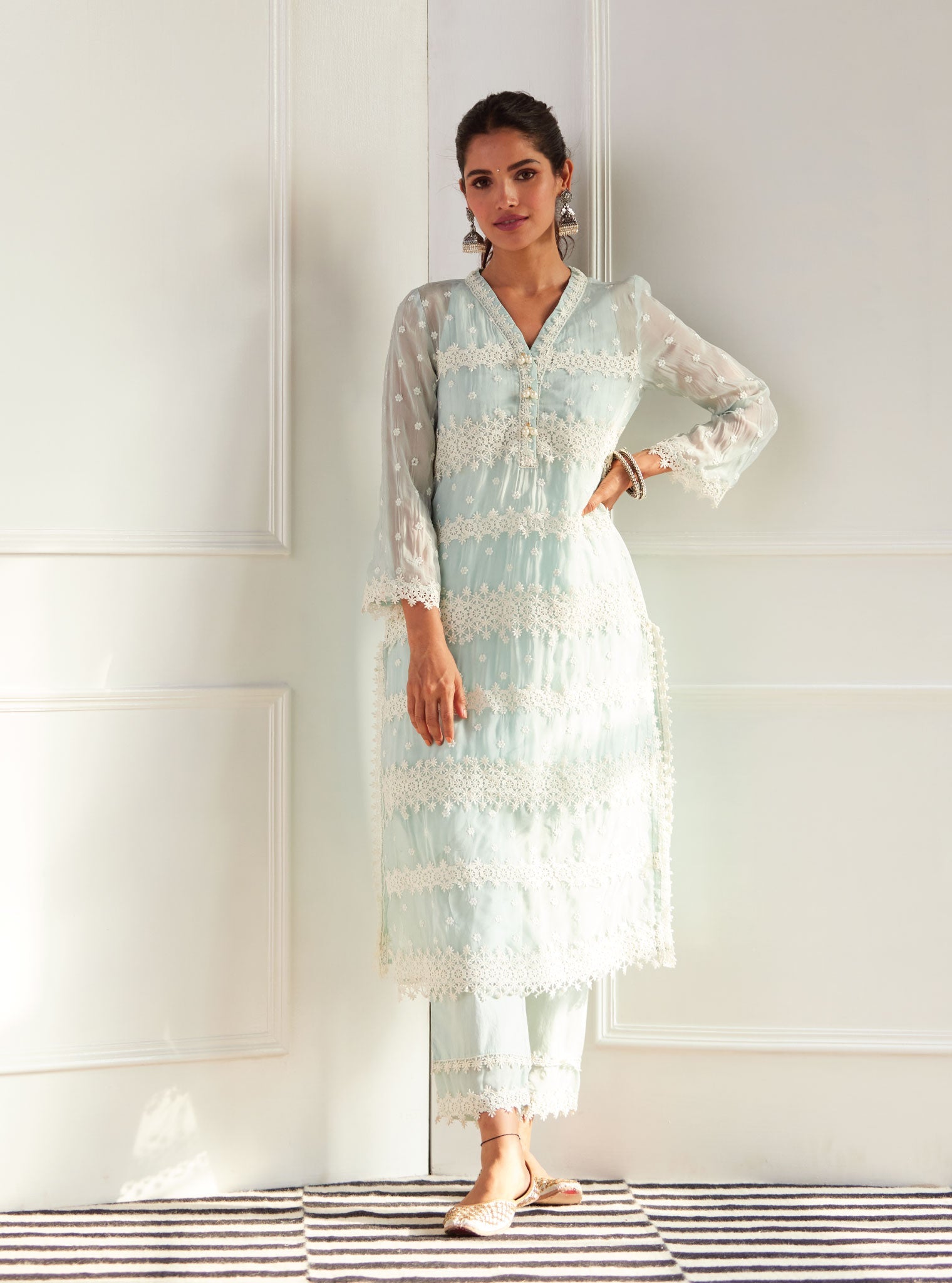 Mulmul Organza Nessa Light Blue Kurta With Mulmul Cotton Nessa Light Blue Pant