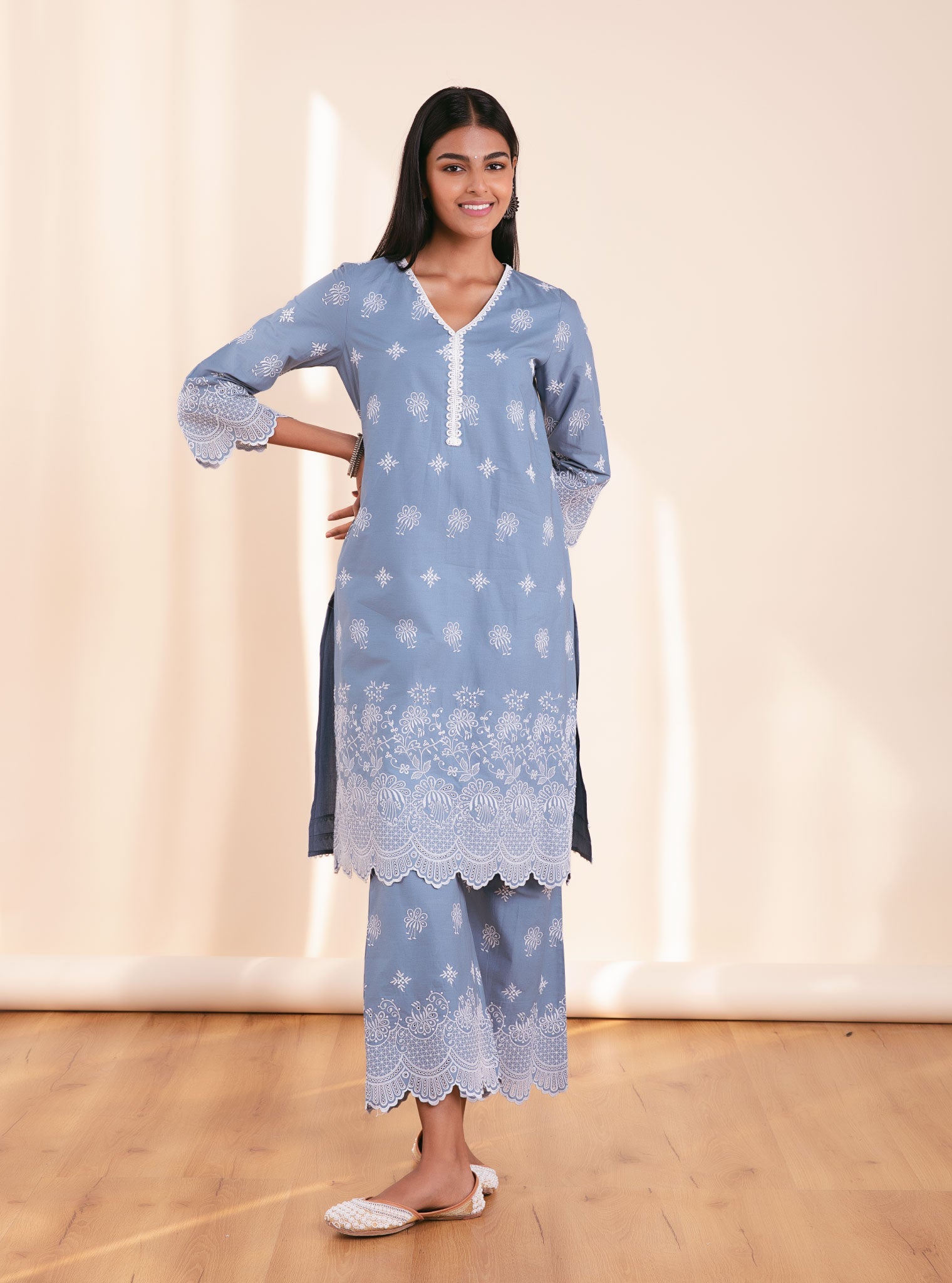 Mulmul Cotton Nihri Denim Kurta With Nihri Denim Pant