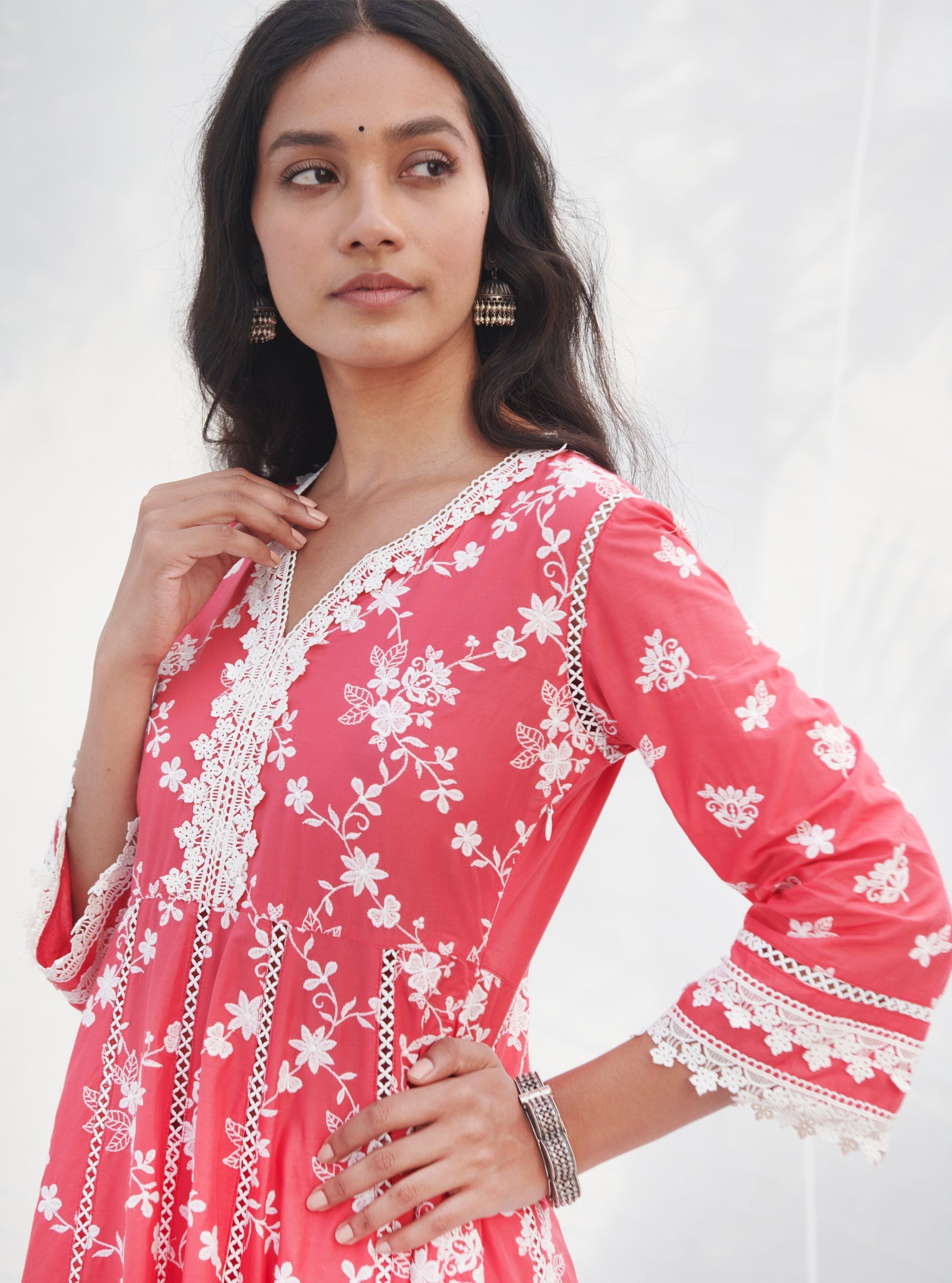 Mulmul Cotton Palolem Anarkali Red Kurta With Mulmul Cotton Palolem Red Pant