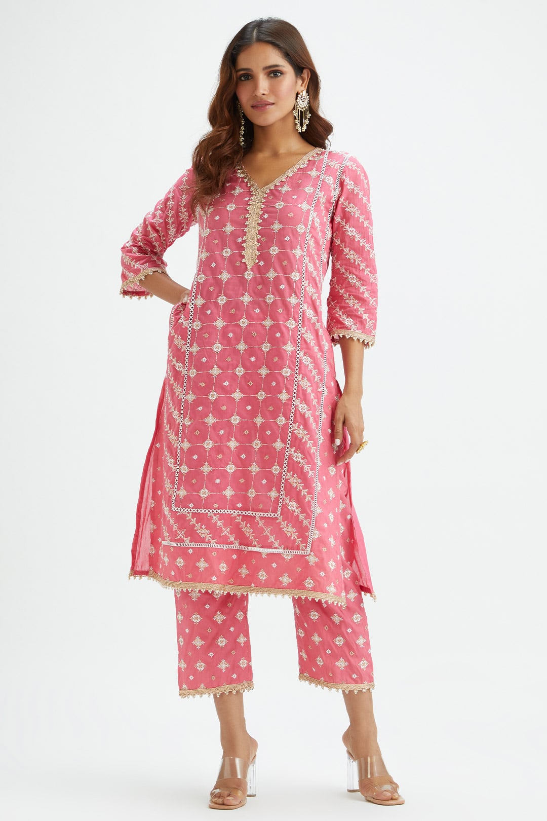 Mulmul Cotton Pelican Pink Kurta With Pelican Pink Pyajama