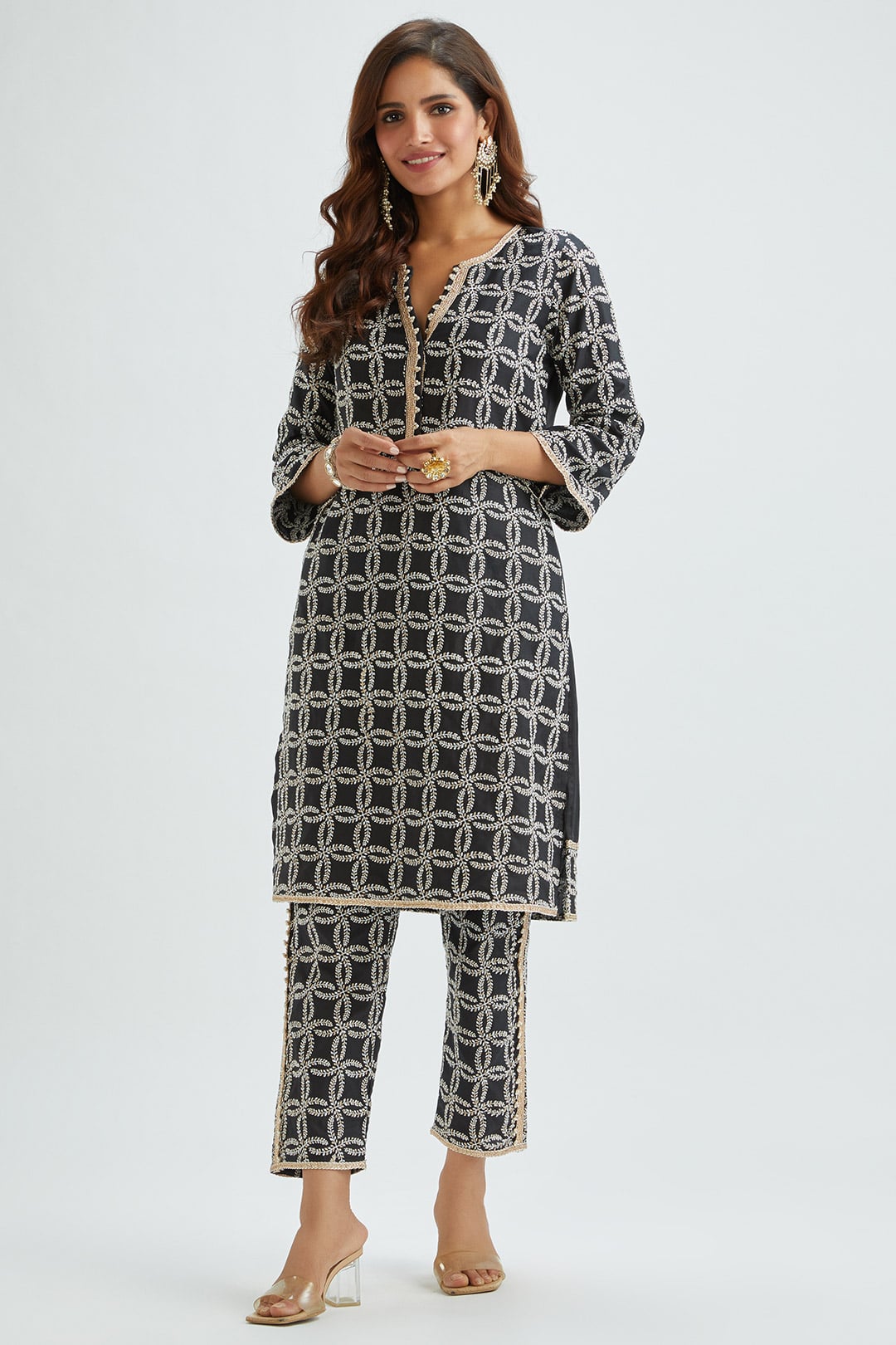 Mulmul Supima Satin Perry Black Kurta With Perry Black Pant