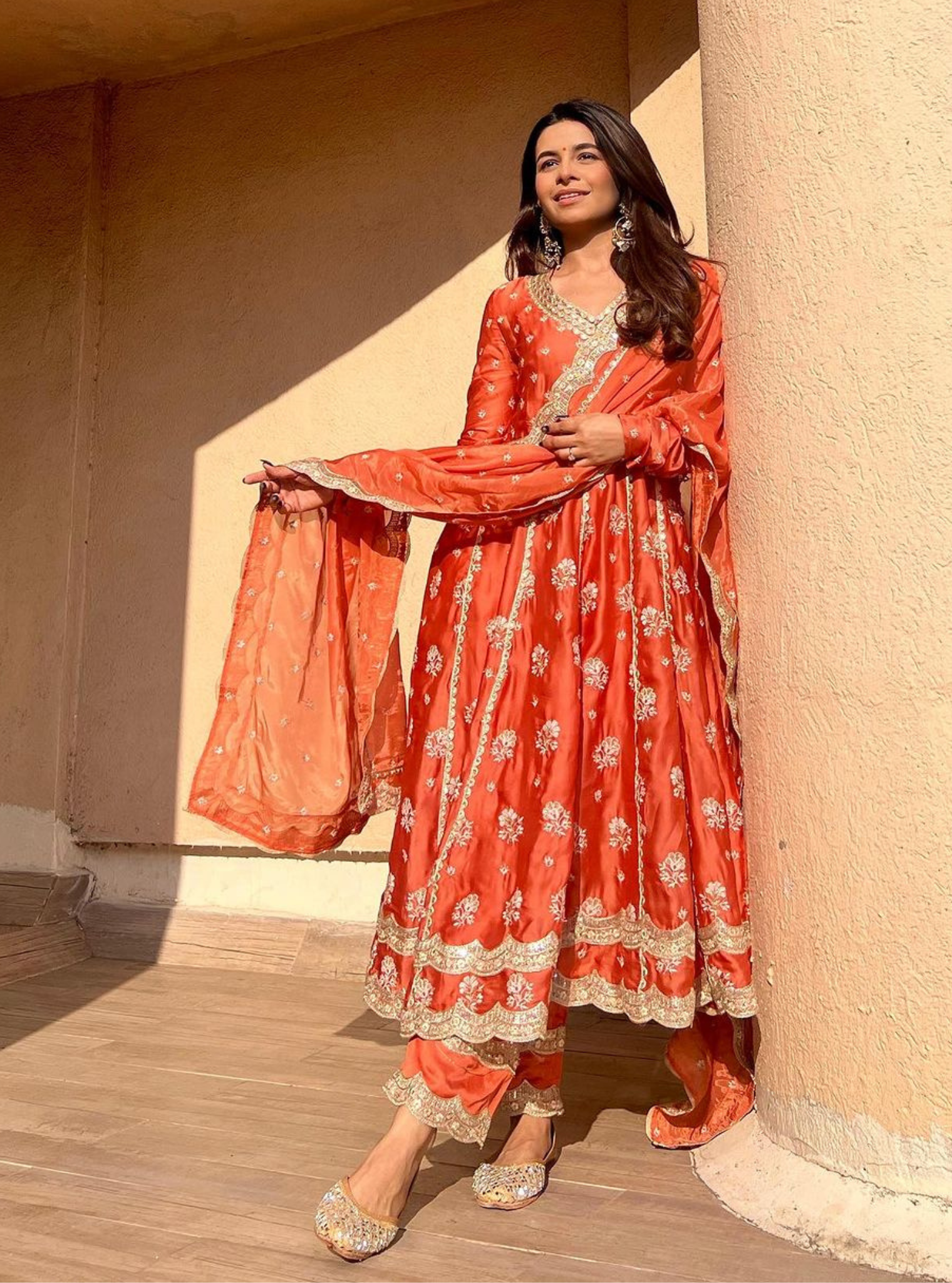 Mulmul Organza Satin Tareefan Burnt Orange Anarkali Kurta with Mulmul Modal Satin Tareefan Burnt Orange Pant