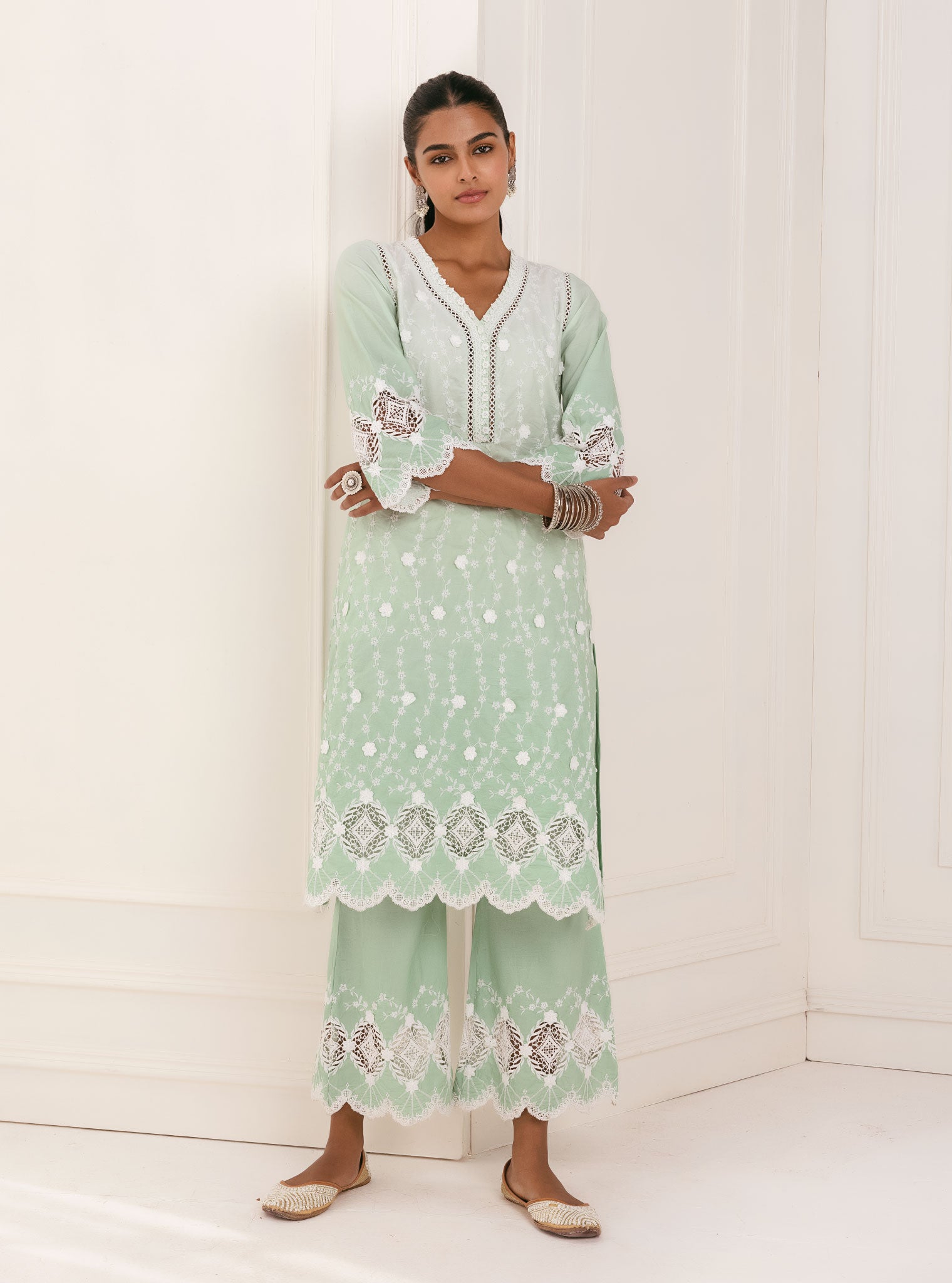 Mulmul Cotton Purna Green Kurta With Purna Green Palazzo