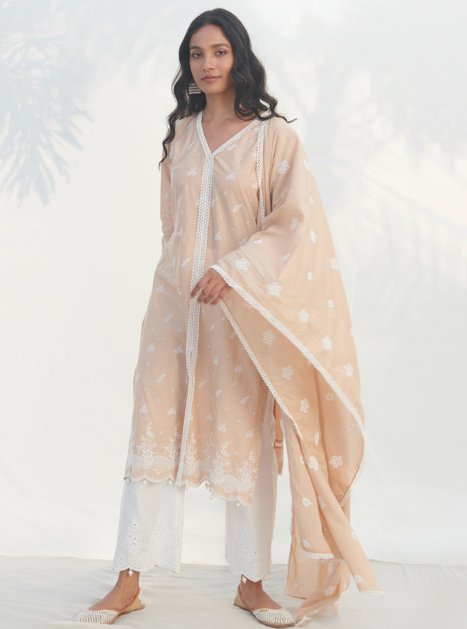 Mulmul Cotton Revora Beige Kurta With Mulmul Cotton Revora White Pant