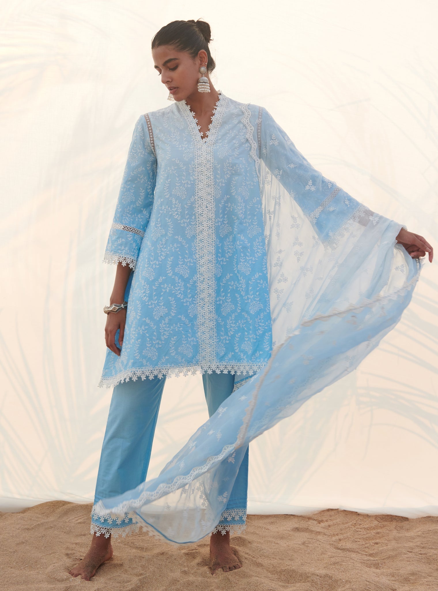 Mulmul Cotton Santona Blue Kurta With Santona Blue Pant