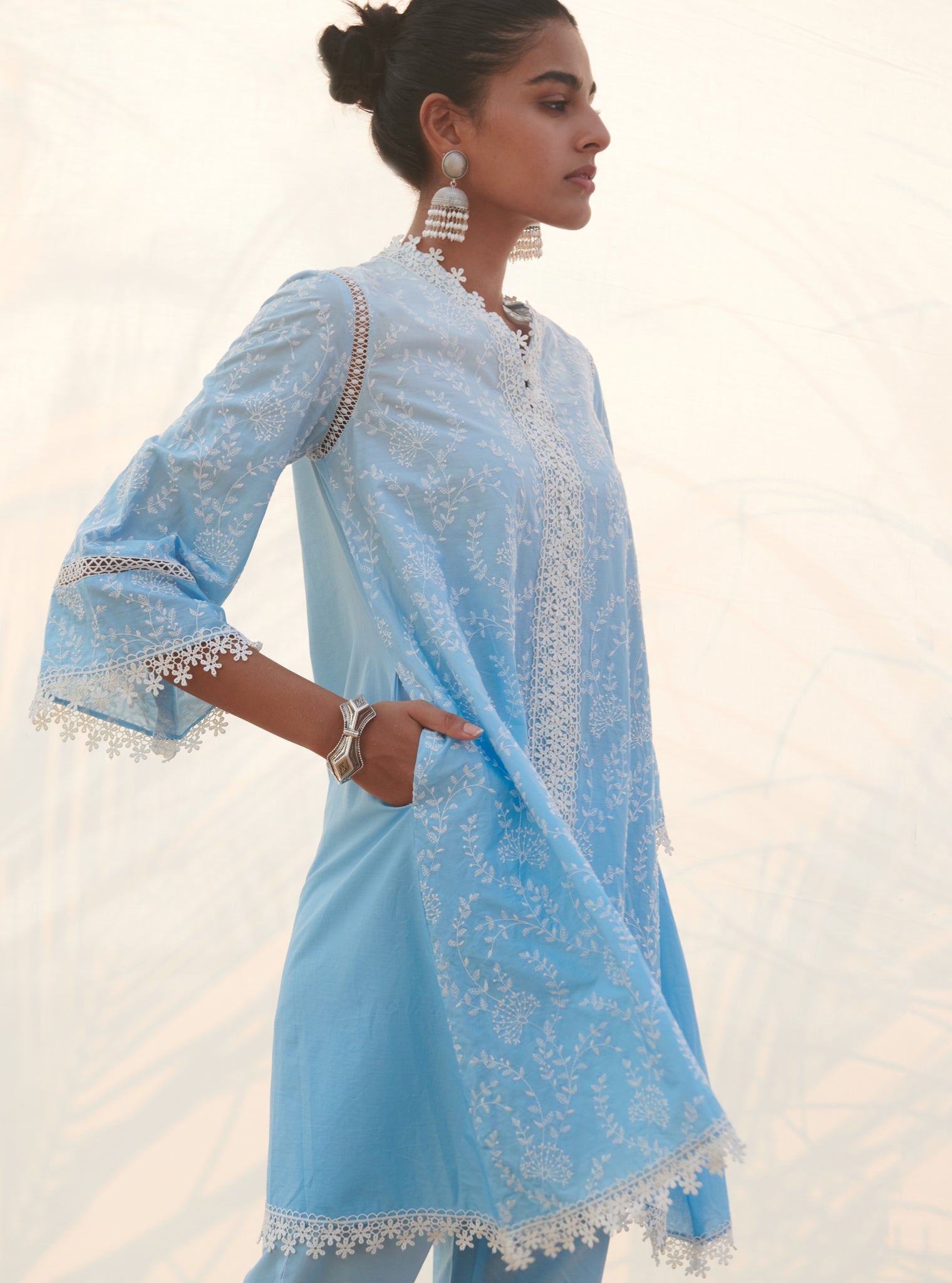 Mulmul Cotton Santona Blue Kurta With Santona Blue Pant