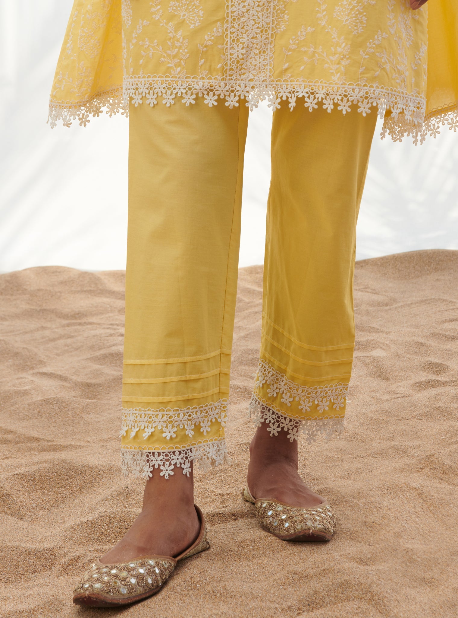 Mulmul Cotton Santona Yellow Kurta With Santona Yellow Pant