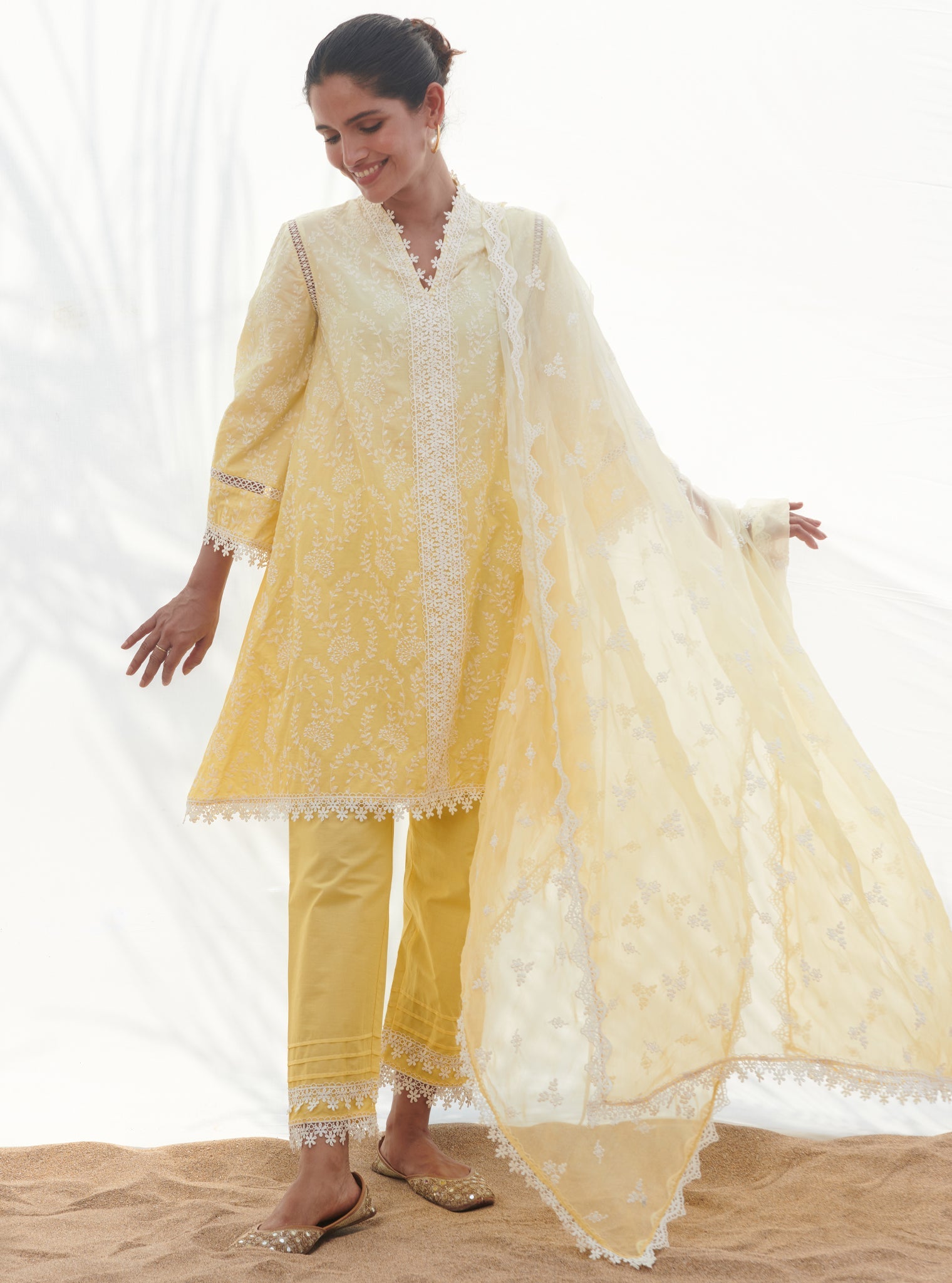 Mulmul Cotton Santona Yellow Kurta With Santona Yellow Pant