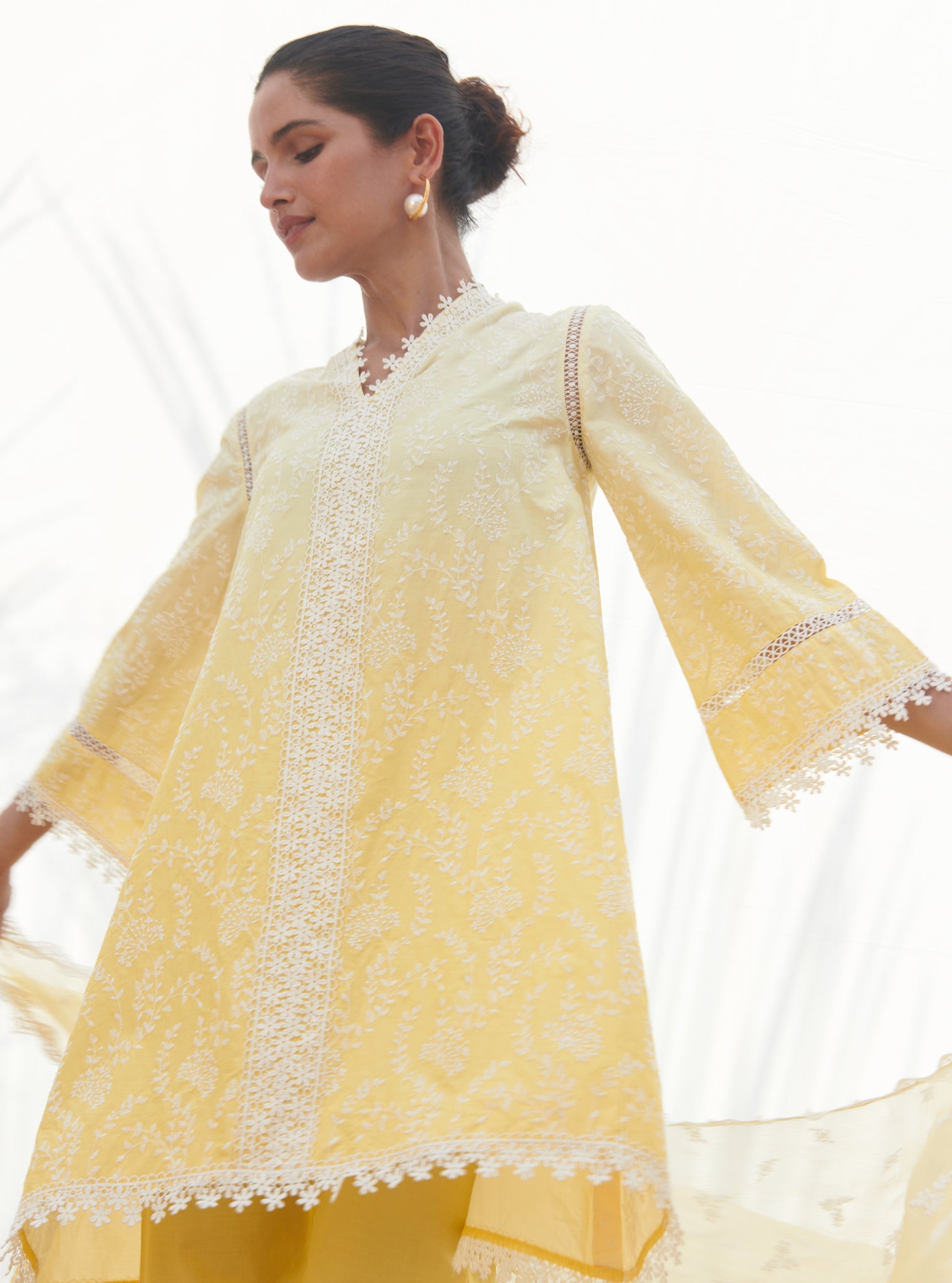 Mulmul Cotton Santona Yellow Kurta With Santona Yellow Pant