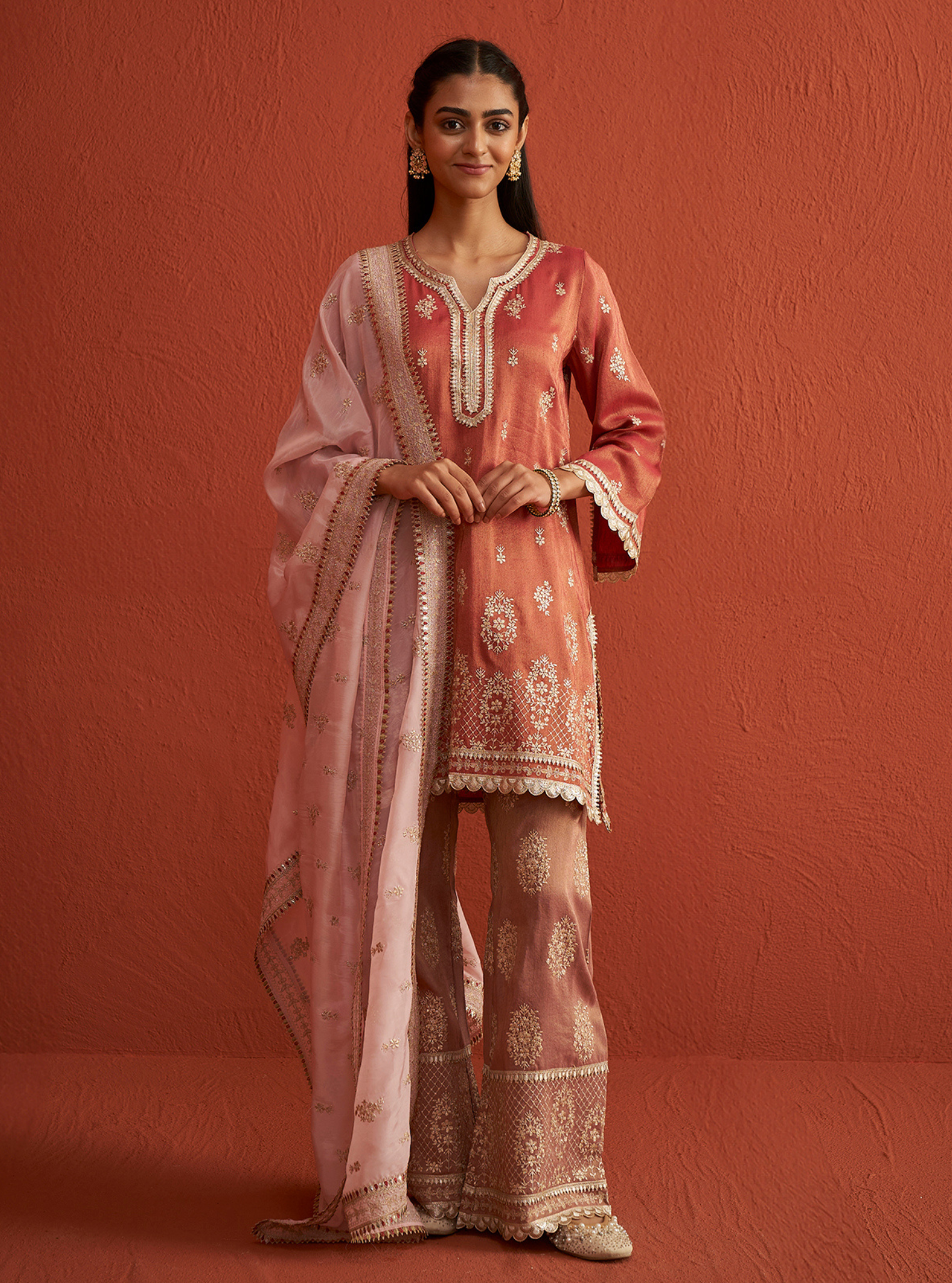 Mulmul Luxe Tissue Vaari Red Kurta With Mulmul Luxe Tissue Vaari Red Pant