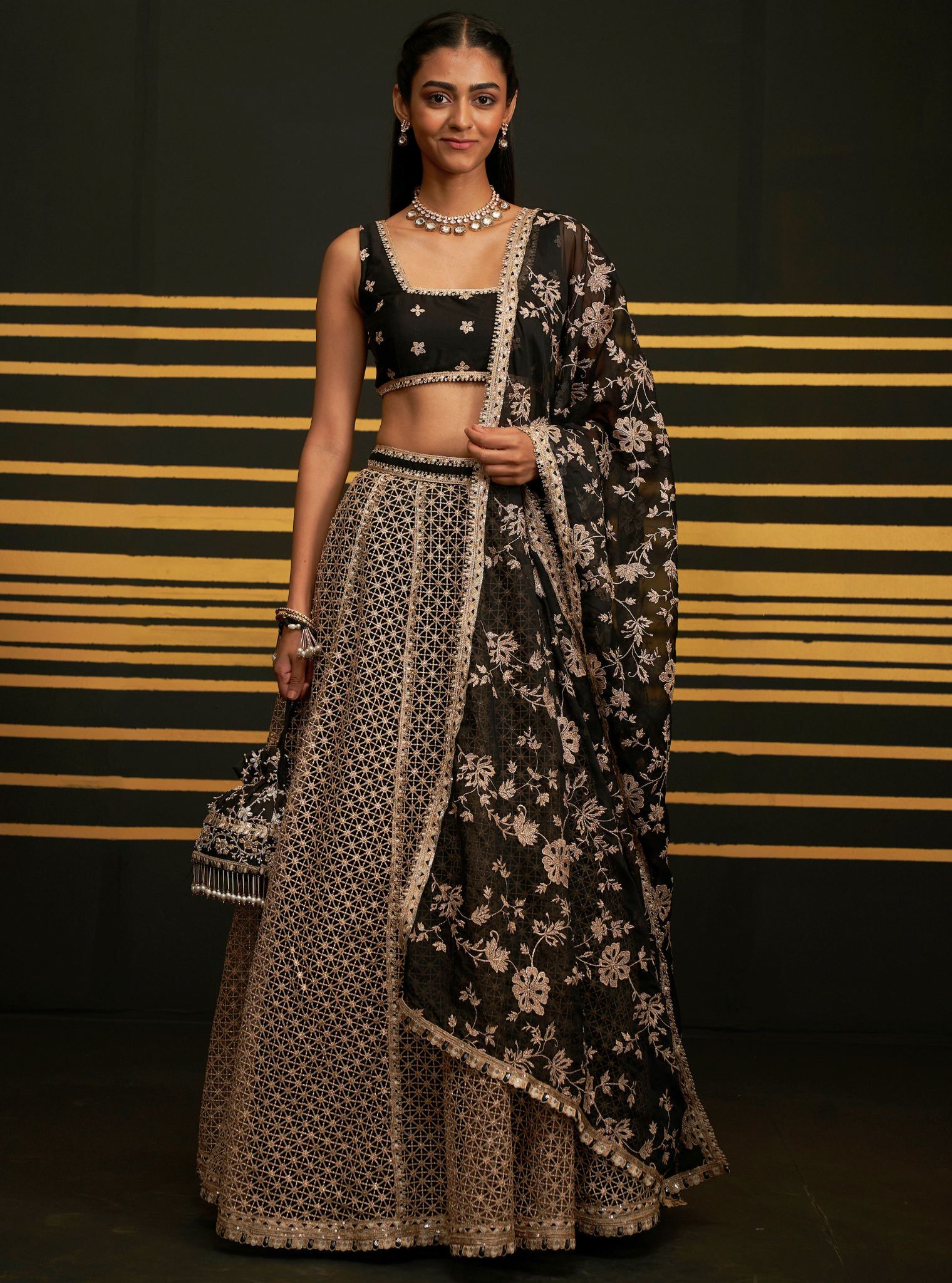 Mulmul Guipure Rehnuma Black lehenga