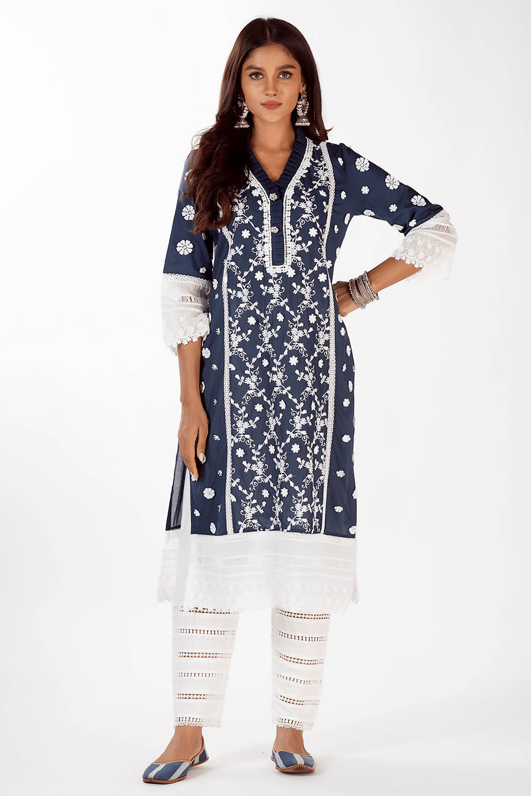 Mulmul Cotton Sadie Navy Kurta With Ladder Lace White Pyajama