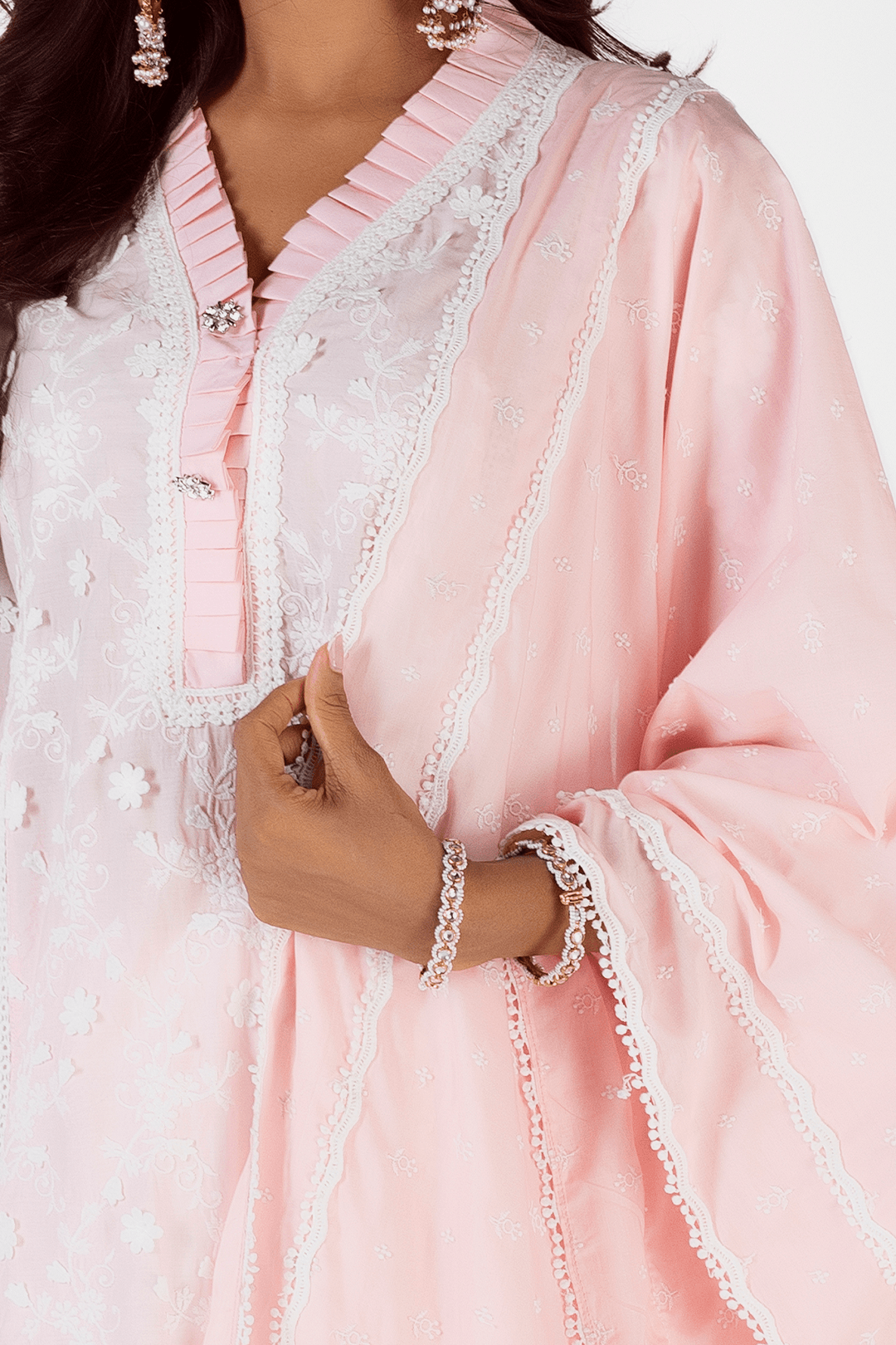 Mulmul Cotton Sadie Pink Kurta With Floral Organza White Pyajama