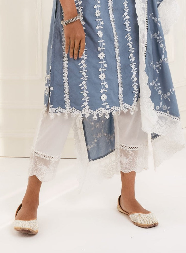 Mulmul Cotton Embroidered Organza Scallop White Pant