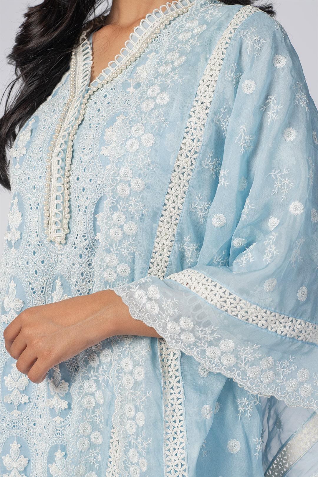 Mulmul Tencel Luxe Organza Savannah Kurta Blue With New Savannah Blue Pant