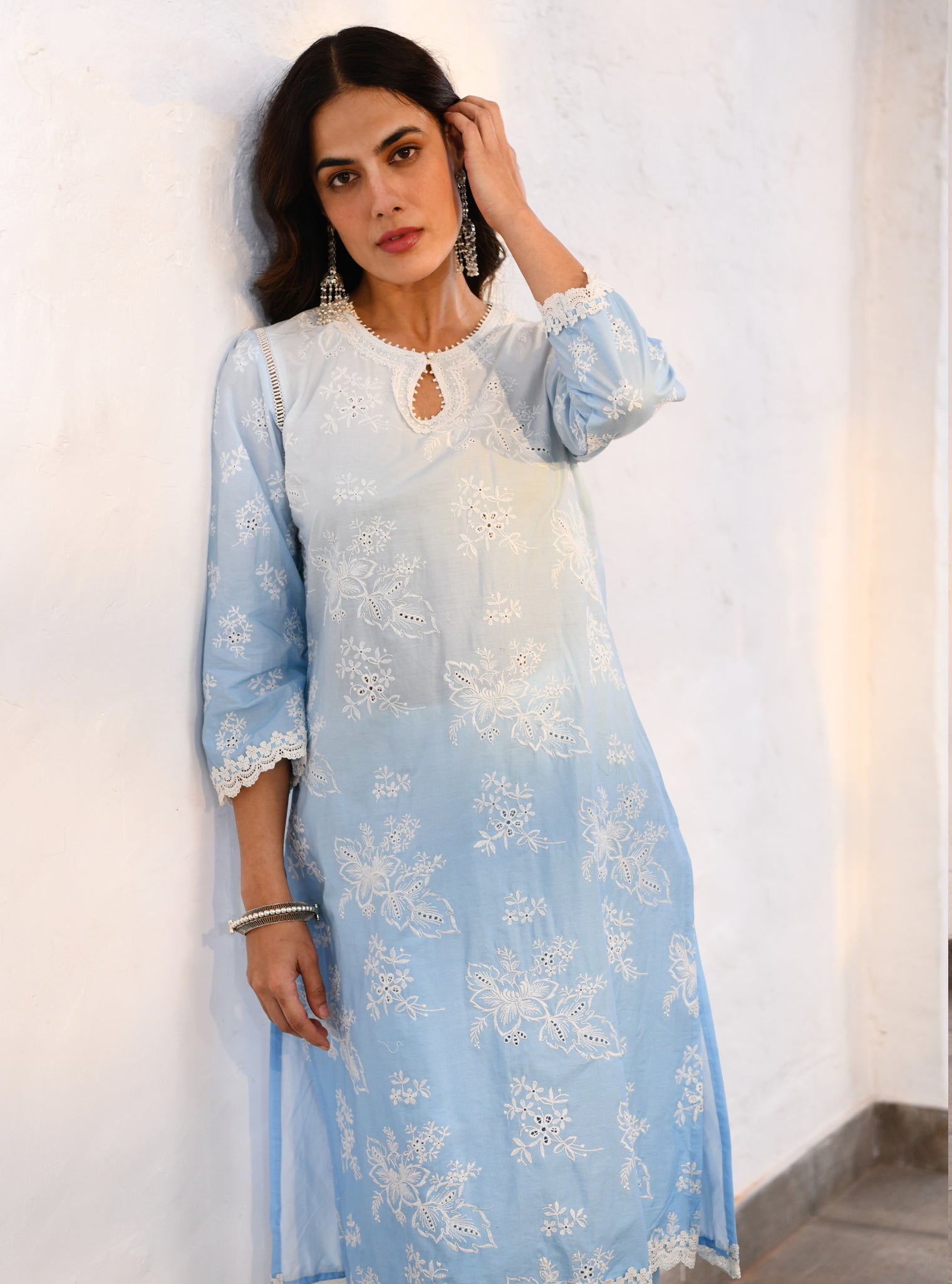 Mulmul Cotton Savri Blue Kurta With Mulmul Cotton Savri Blue Dhoti Pant