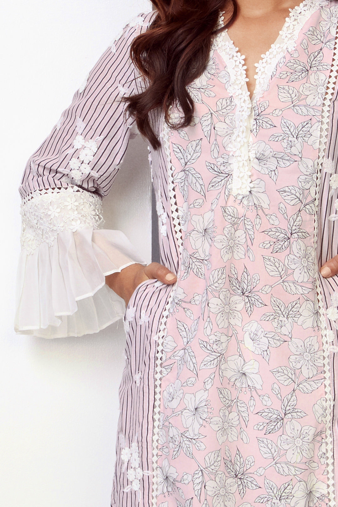 Mulmul Cotton Soho kurta Pink with Pleated Bellbottom Pant