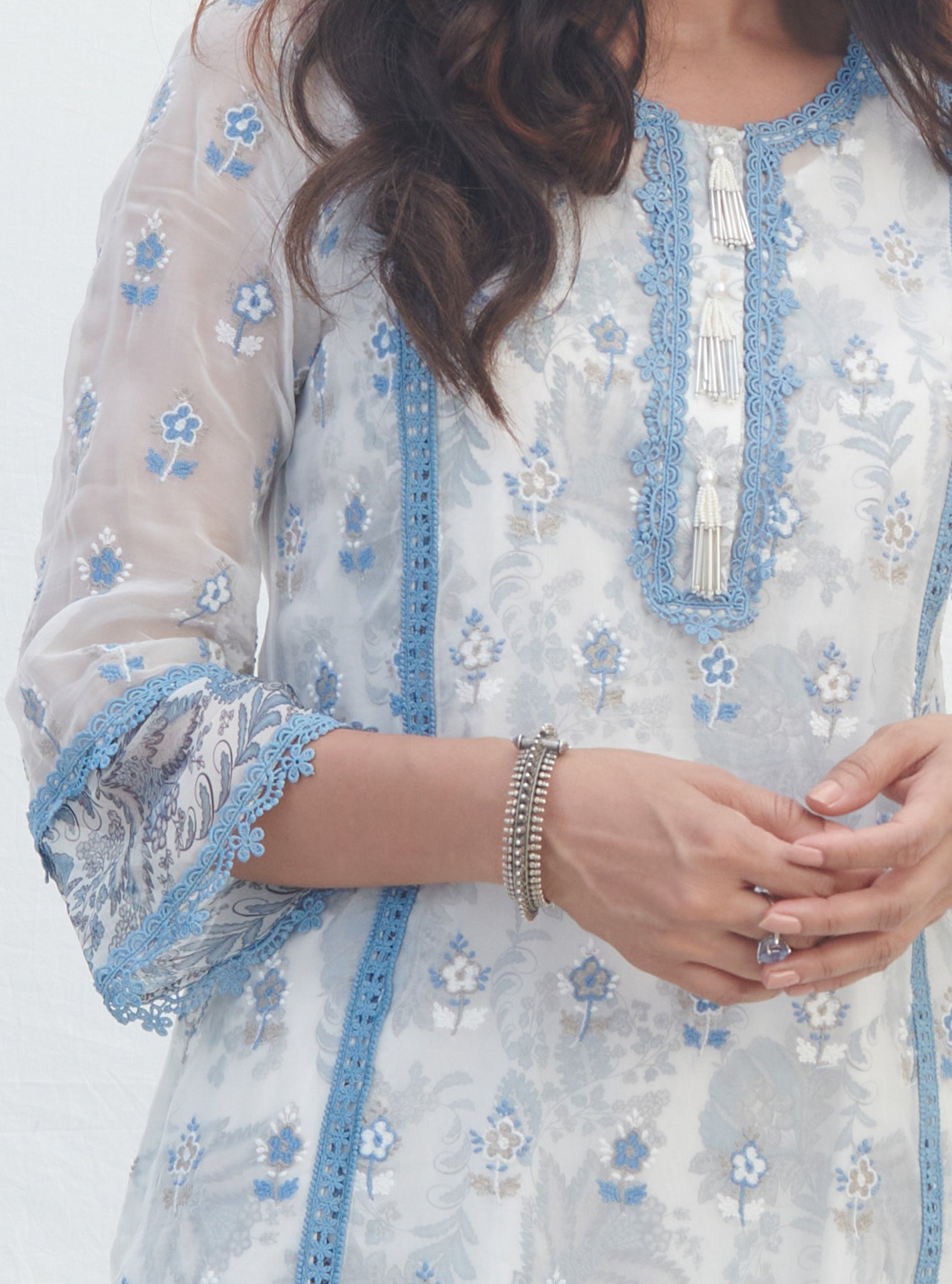 Mulmul Organza Terra Blue Kurta With Mulmul Cotton Terra Blue Pant