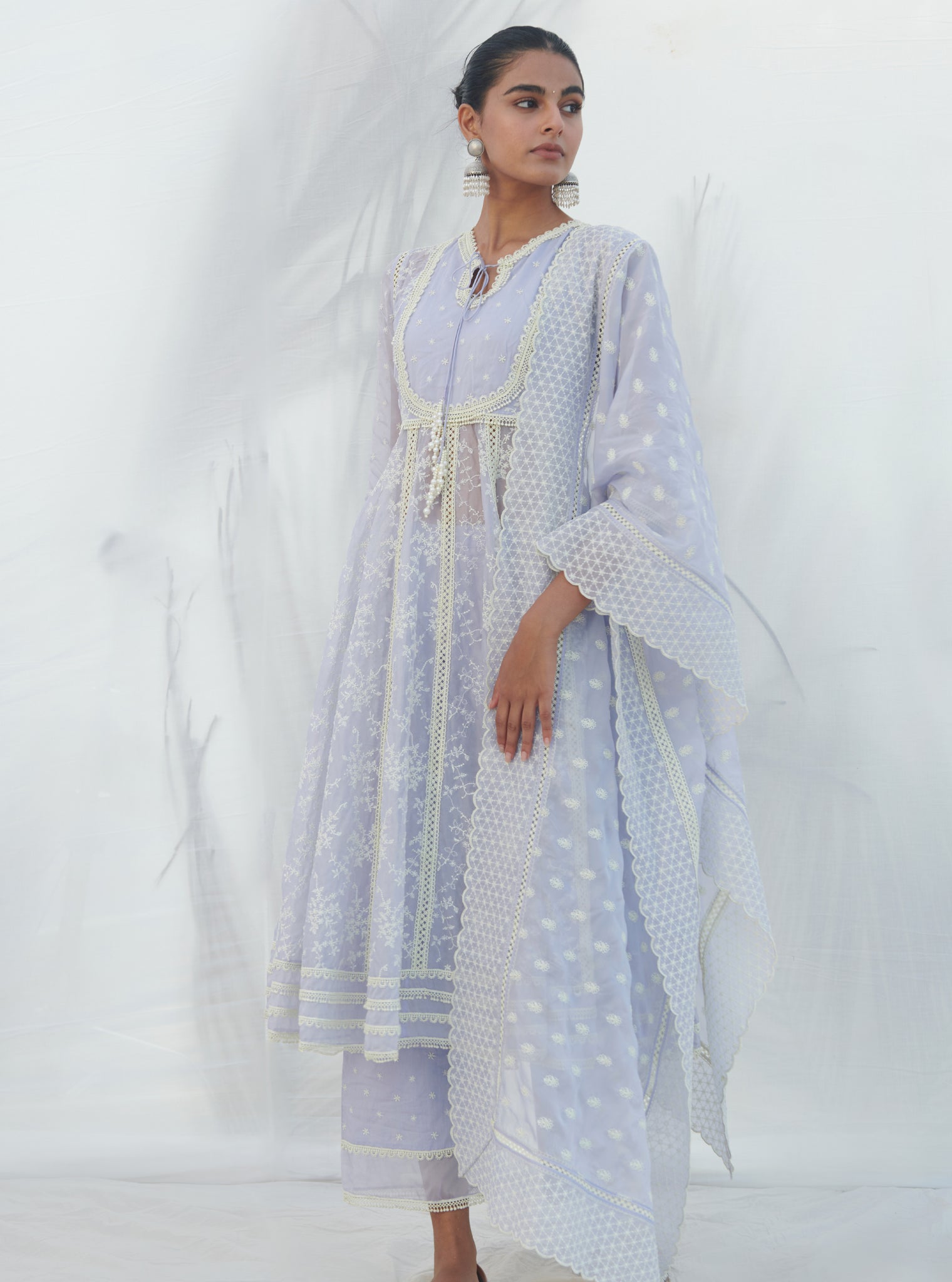 Mulmul Organza Anarkali Tisca Lilac Kurta With Mulmul Cotton Tisca Lilac Pant