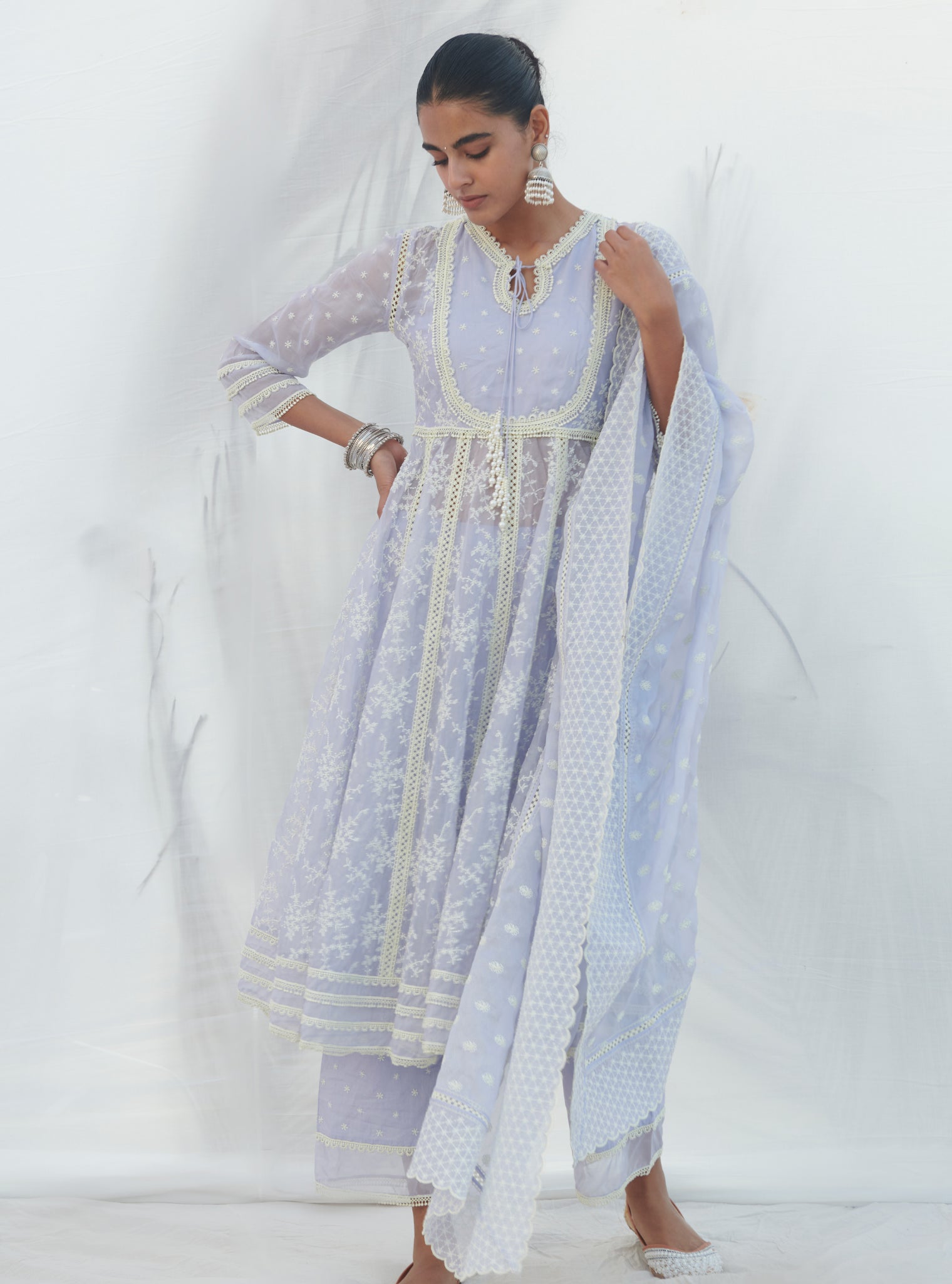 Mulmul Organza Anarkali Tisca Lilac Kurta With Mulmul Cotton Tisca Lilac Pant