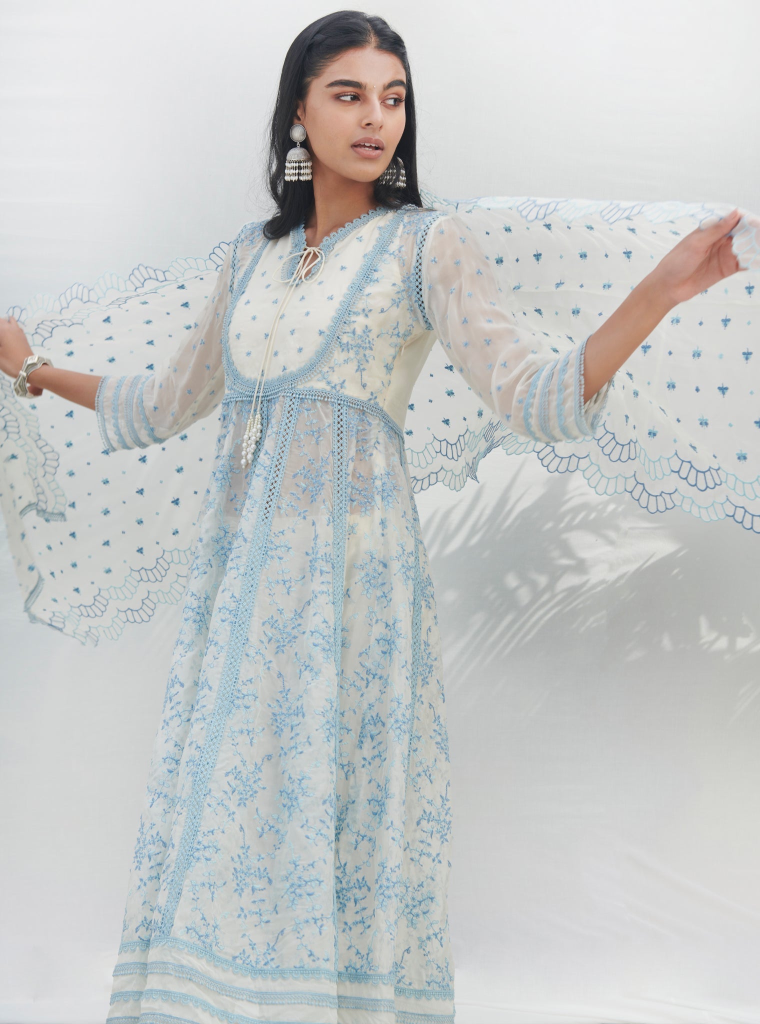 Mulmul Organza Anarkali Tisca White Kurta With Mulmul Cotton Tisca White Pant