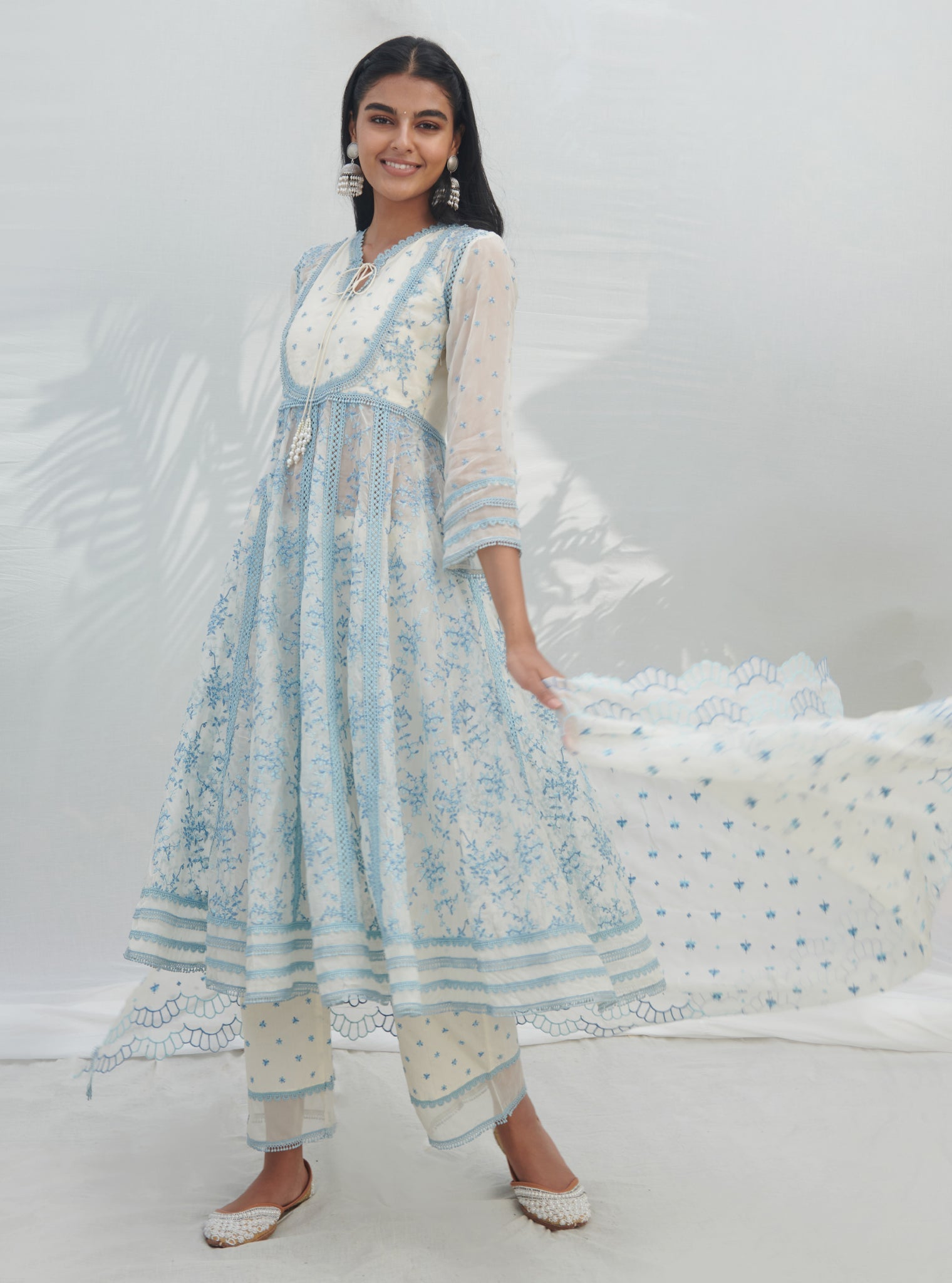 Mulmul Organza Anarkali Tisca White Kurta With Mulmul Cotton Tisca White Pant