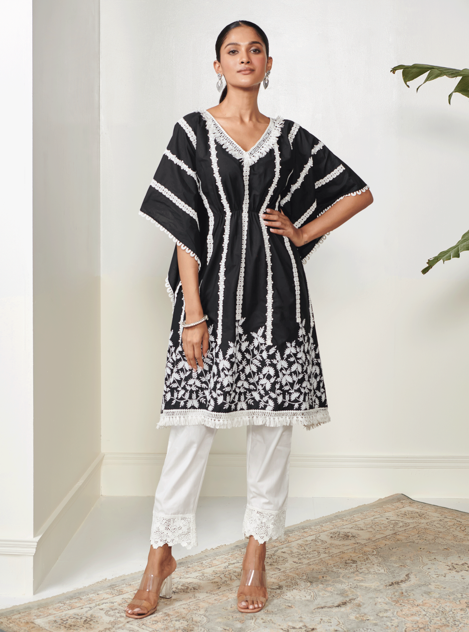 Mulmul Cotton Vivian Black Kaftan With Mulmul Cotton Irena White Pant