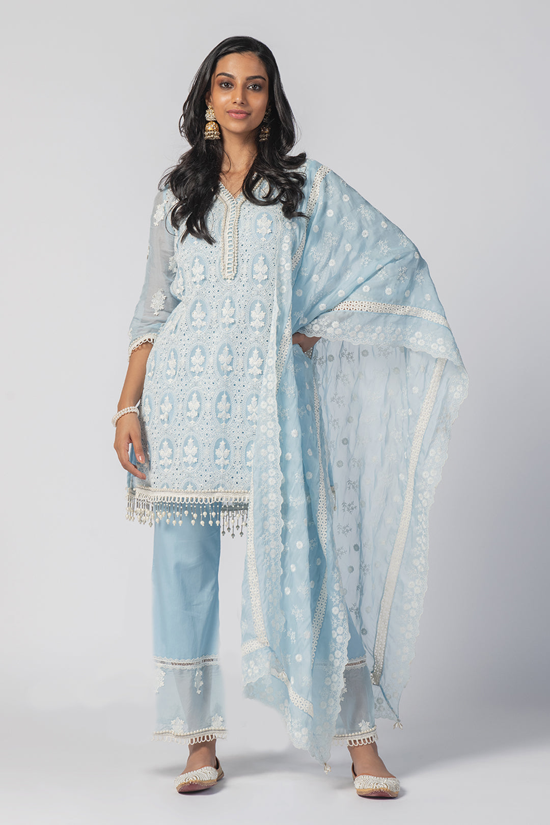 Mulmul Tencel Luxe Organza Savannah Kurta Blue With New Savannah Blue Pant