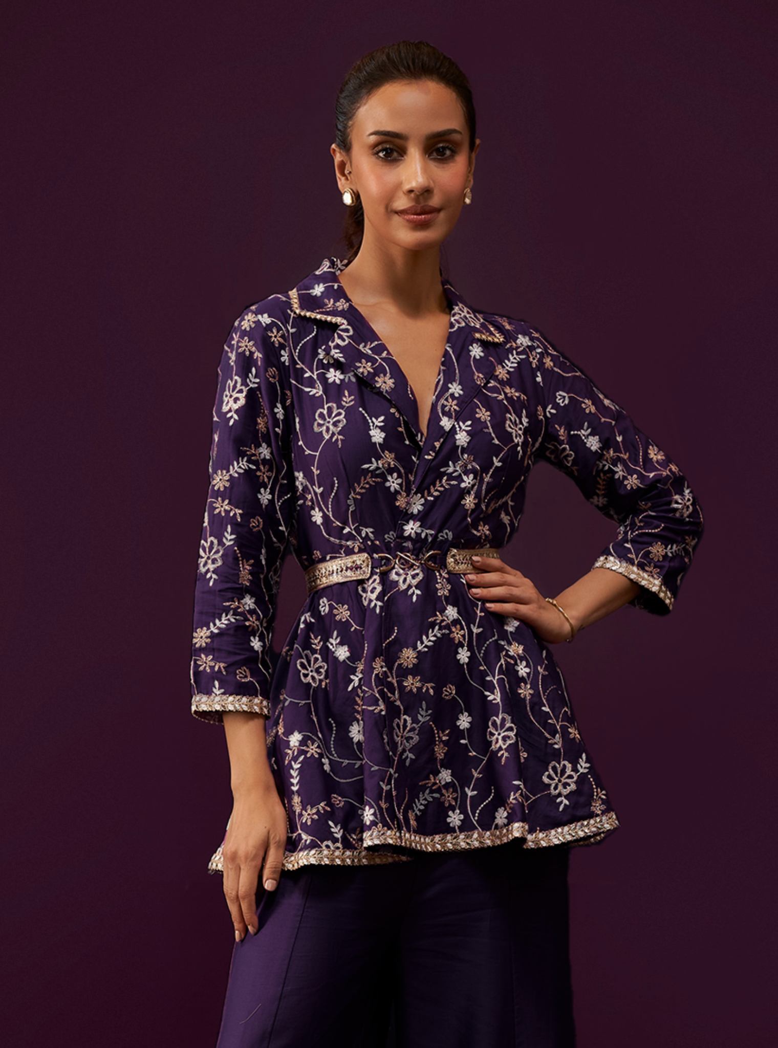 Mulmul Pima Satin Preeda Purple Top With Mulmul Pima Satin Preeda Purple Pant