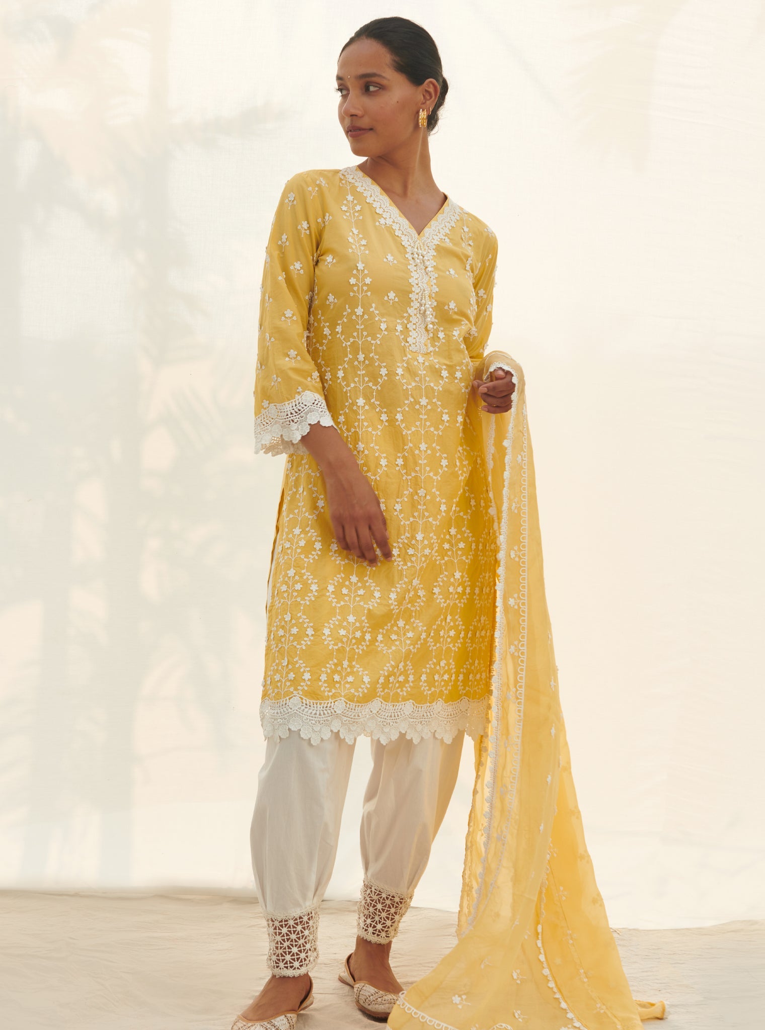 Mulmul Cotton Veliena Yellow Kurta With Mulmul Cotton Chemical Lace White Salwar