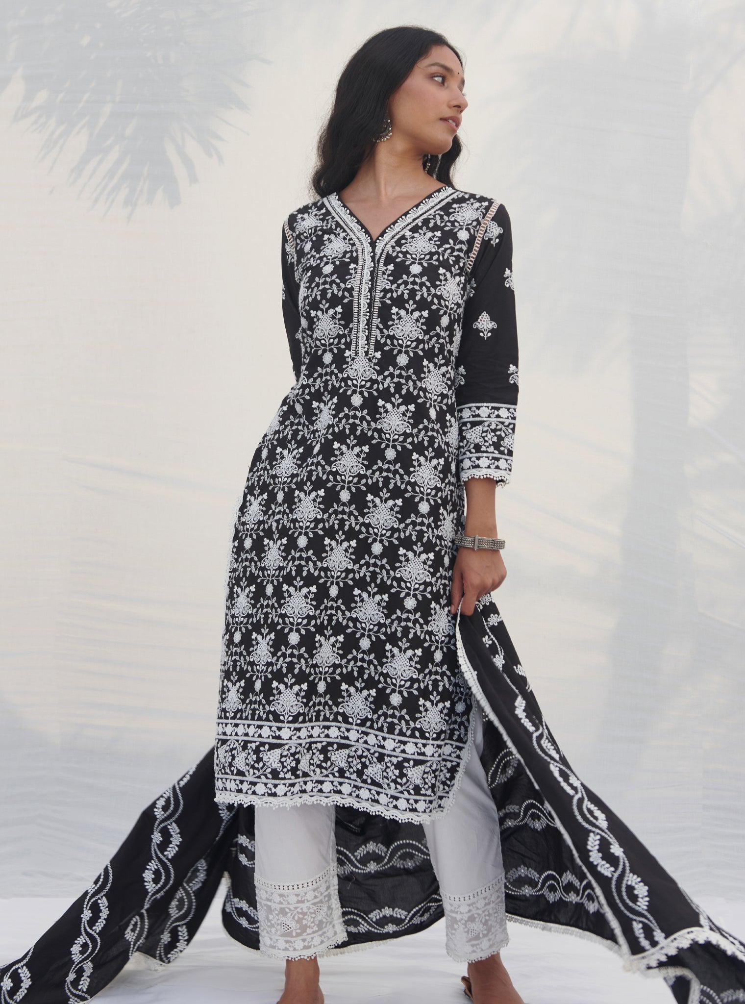 Mulmul Cotton Verla Black Kurta With Mulmul Cotton Verla White Pant