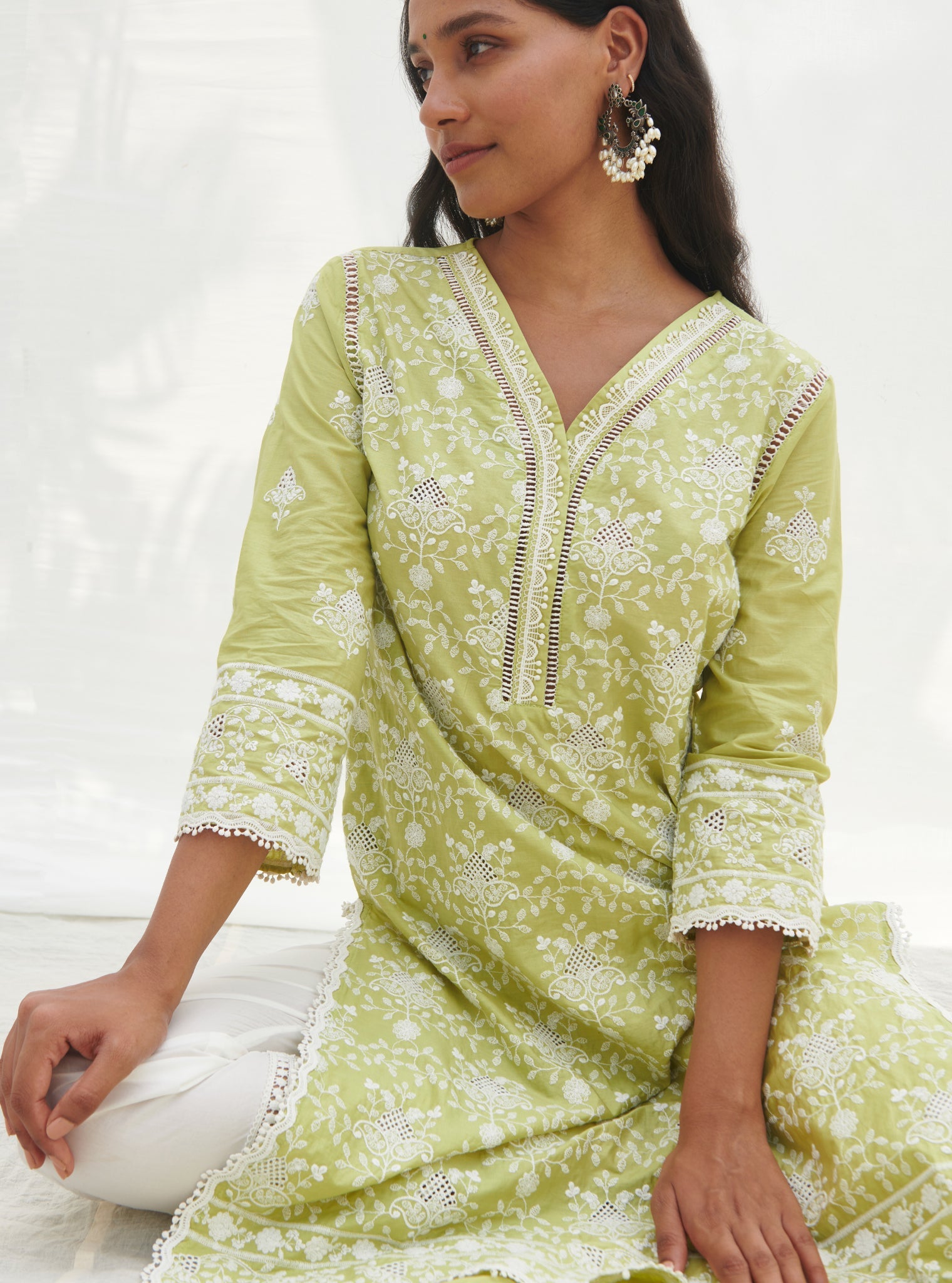 Mulmul Cotton Verla Lime Kurta With Mulmul Cotton Verla White Pant