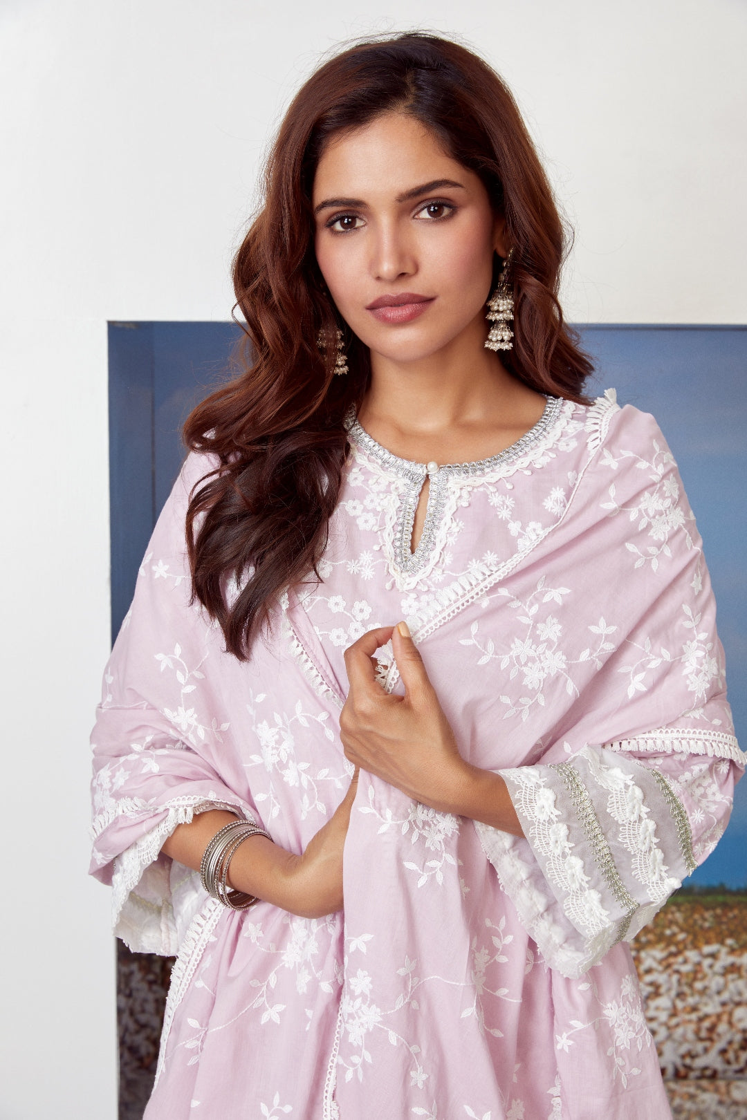 Mulmul Cotton Viva Lilac Kurta With Gota Multi Lace White Pyajama