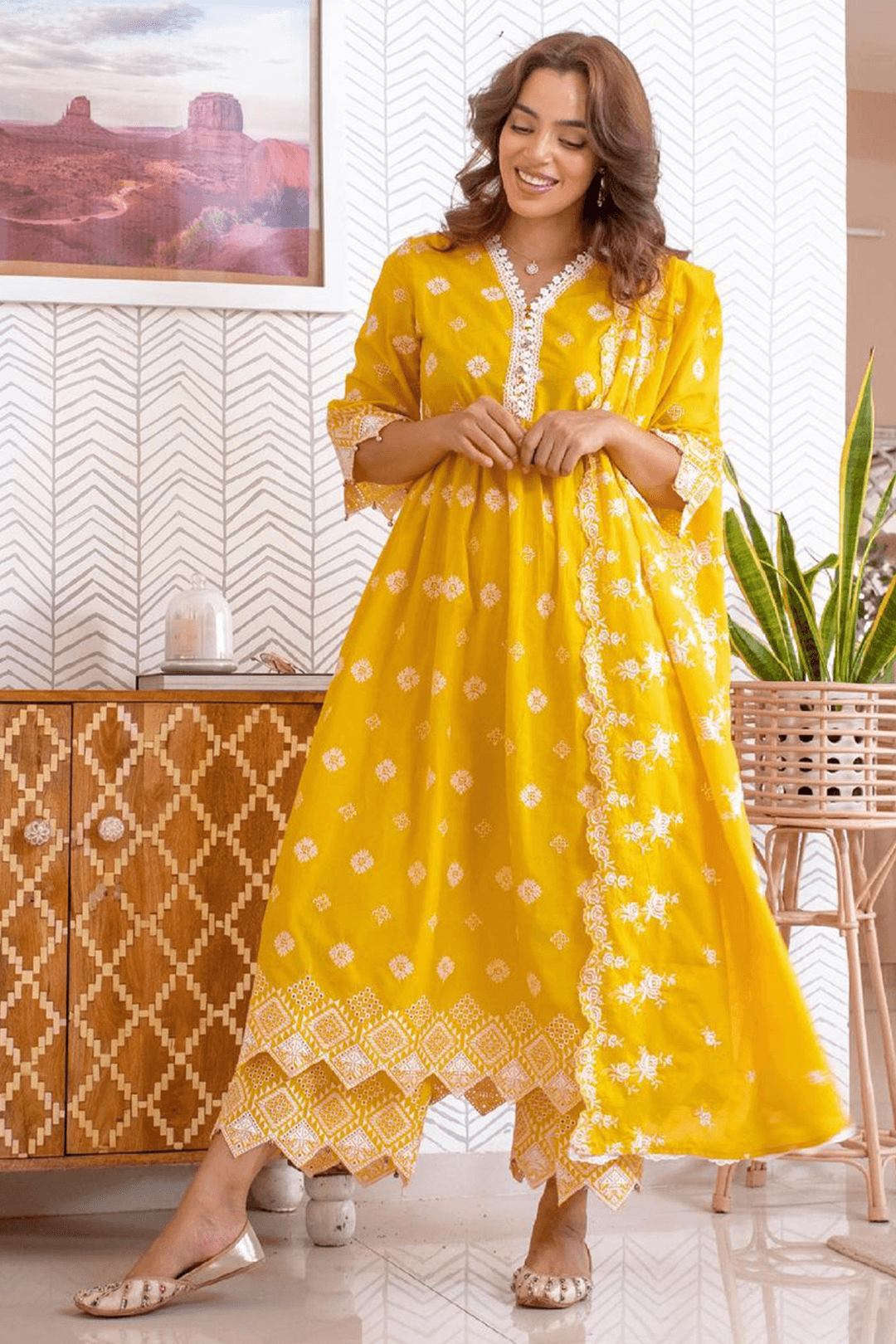 Mulmul Cotton Warm Glow Mango Kurta With Warm Glow Mango Palazzo