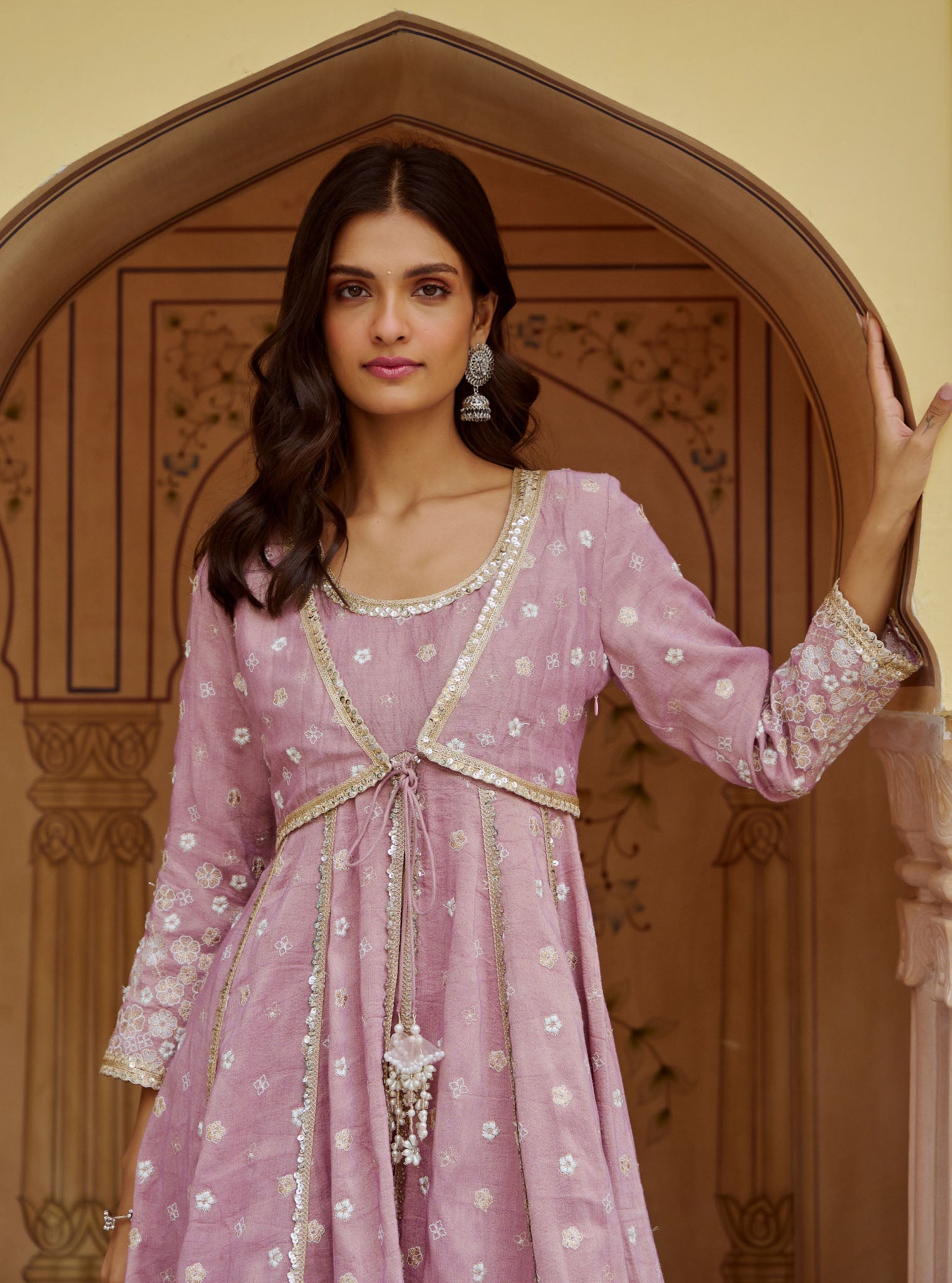 Mulmul Tissue Satin Sajeya Lilac Anarkali Kurta with Mulmul Luxe Tissue Satin Sajeya Lilac Dhoti Pant